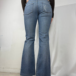 Blue denim rhinestones logo low rise flare pants (S)