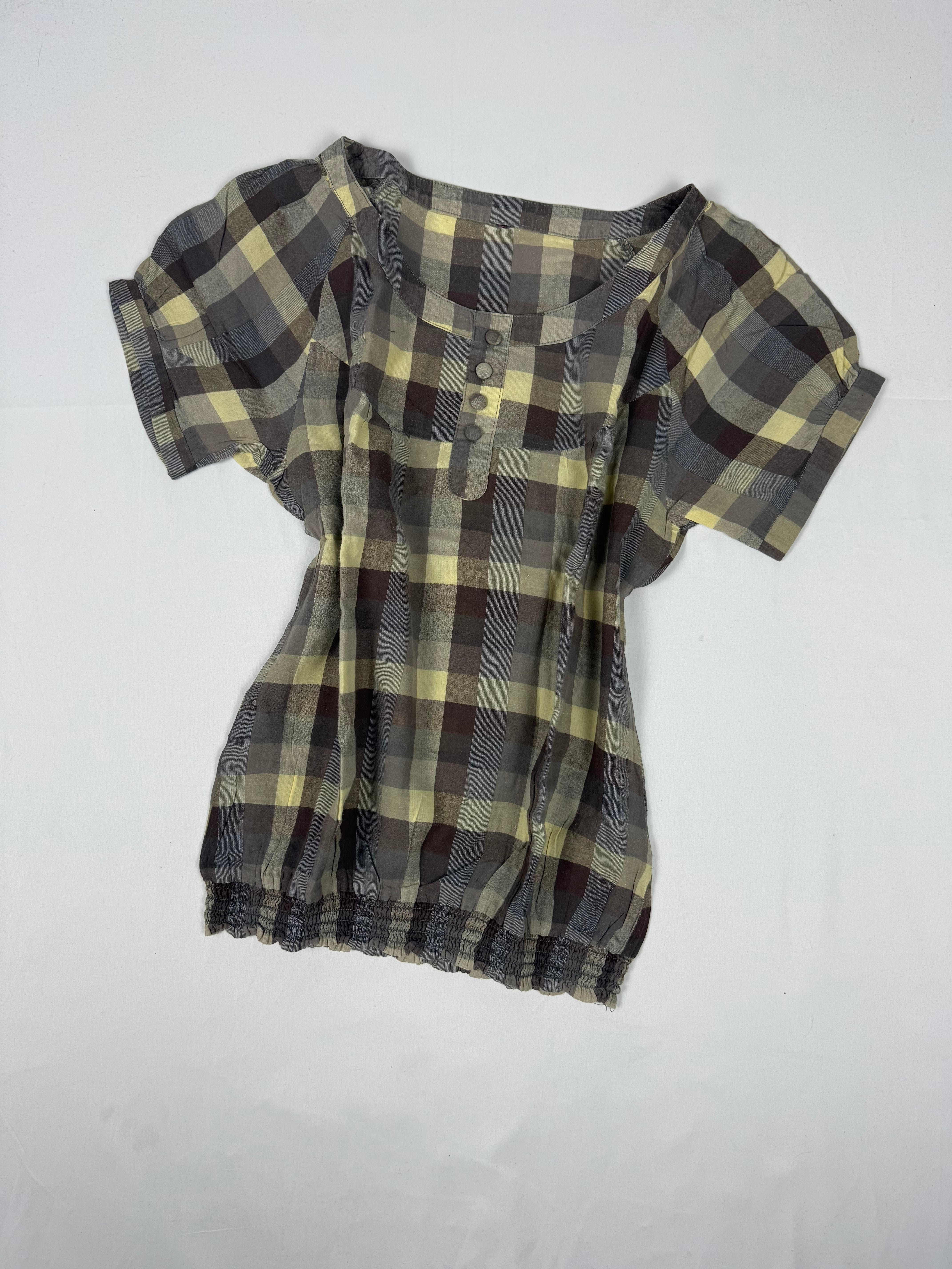 Khaki check print cotton tee (XL)