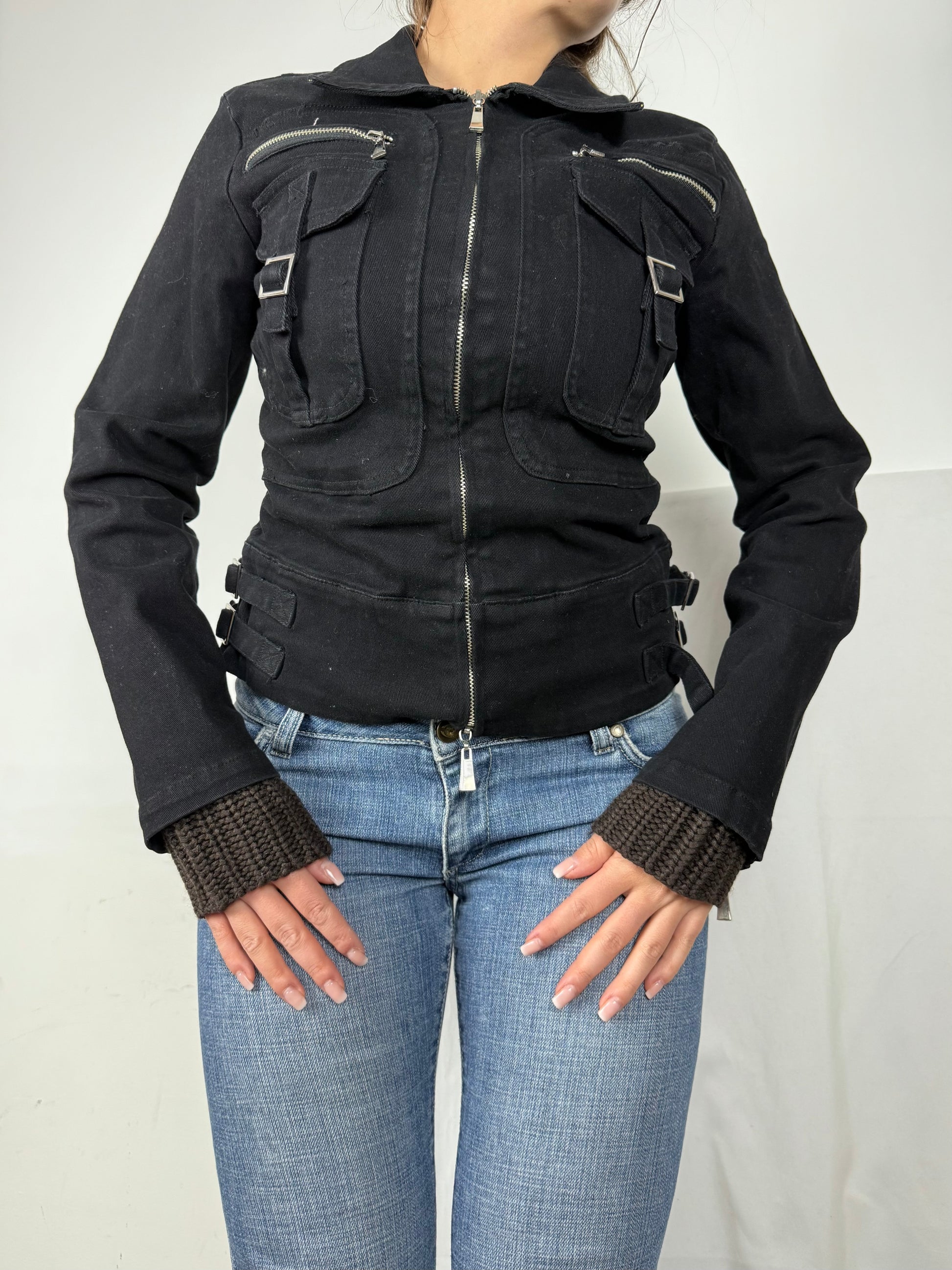 Black 100% cotton biker jacket (S)