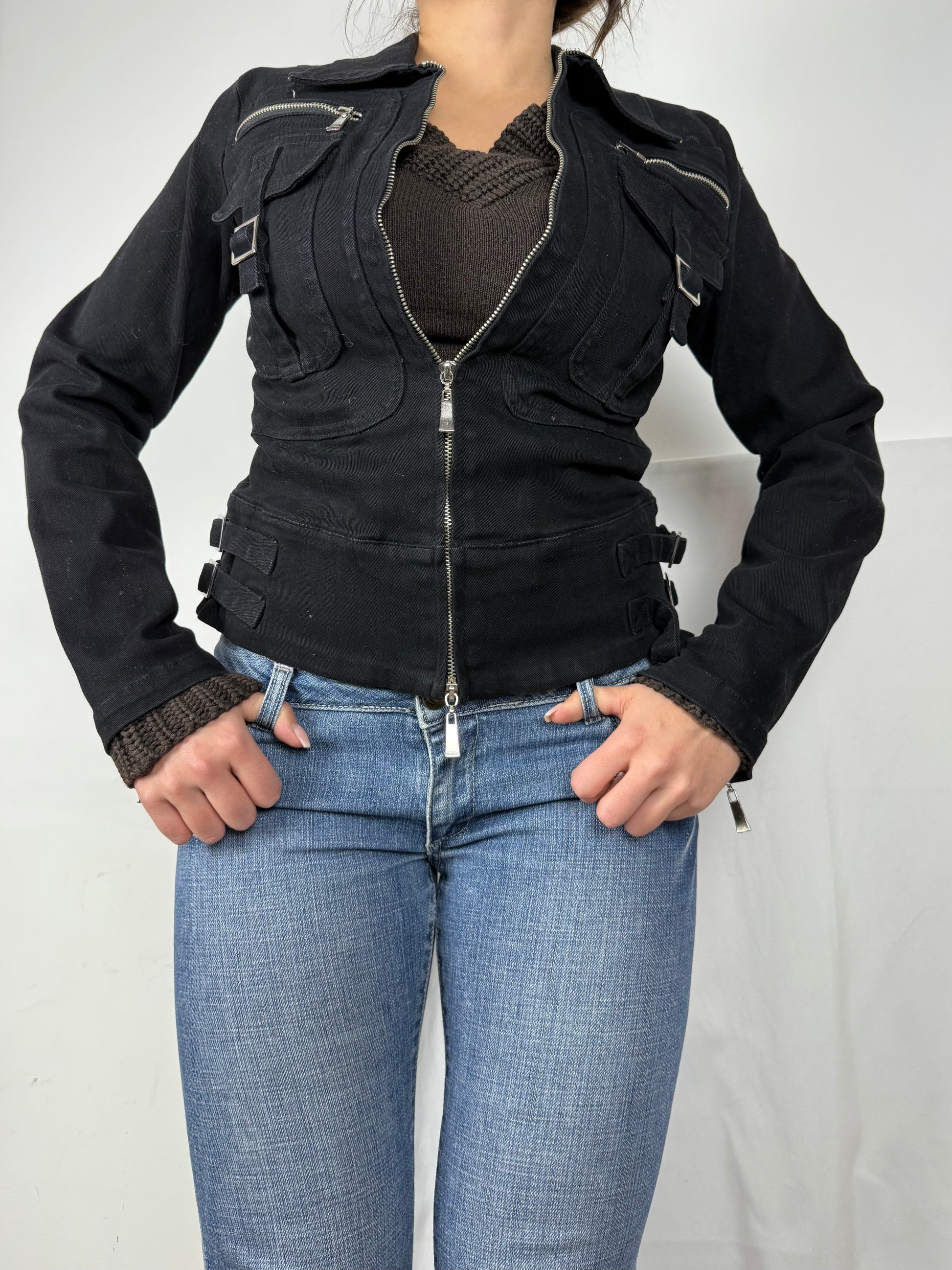Black 100% cotton biker jacket (S)
