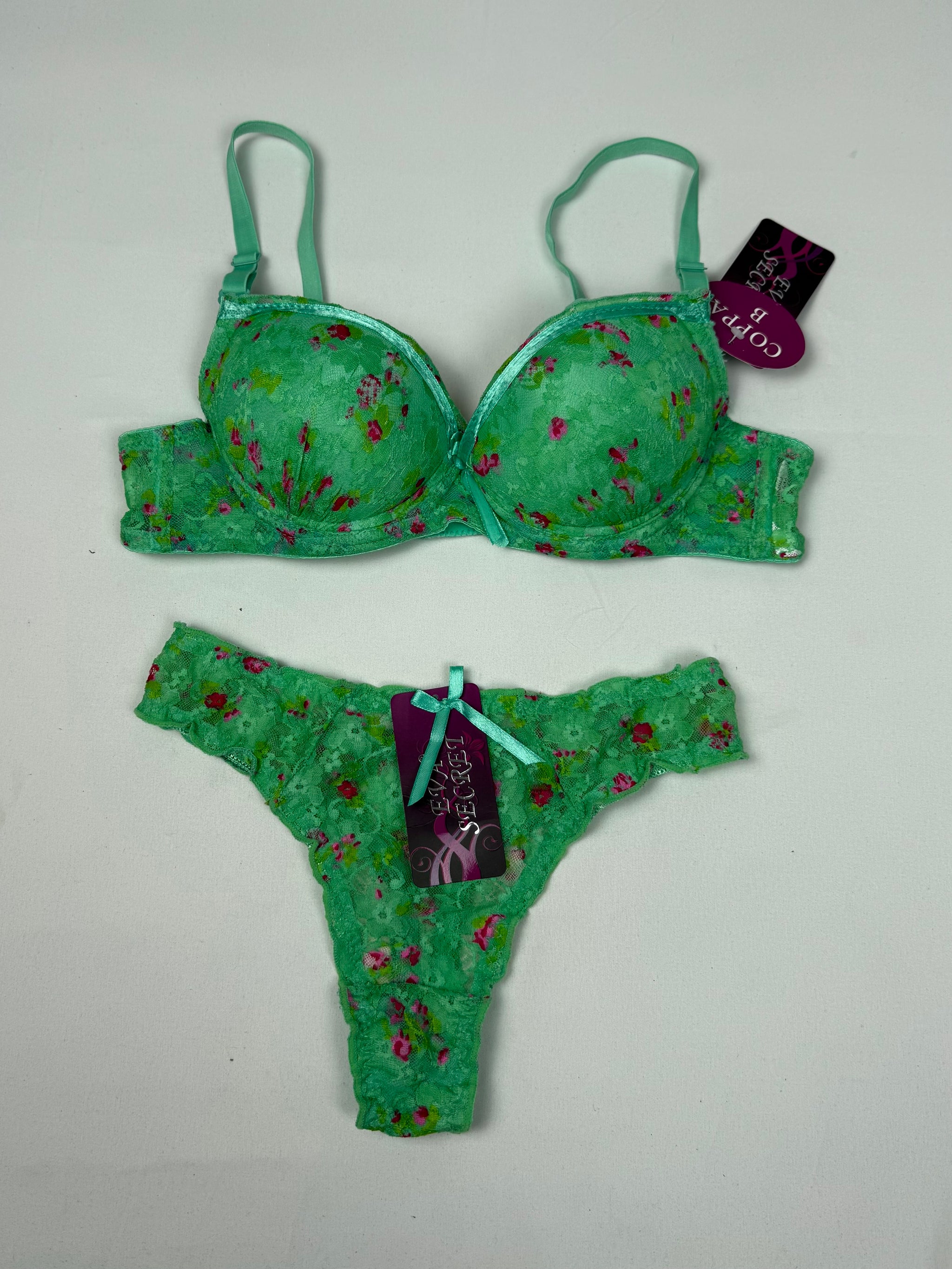 Green mesh floral extra push up underwear set bra + thong (S)