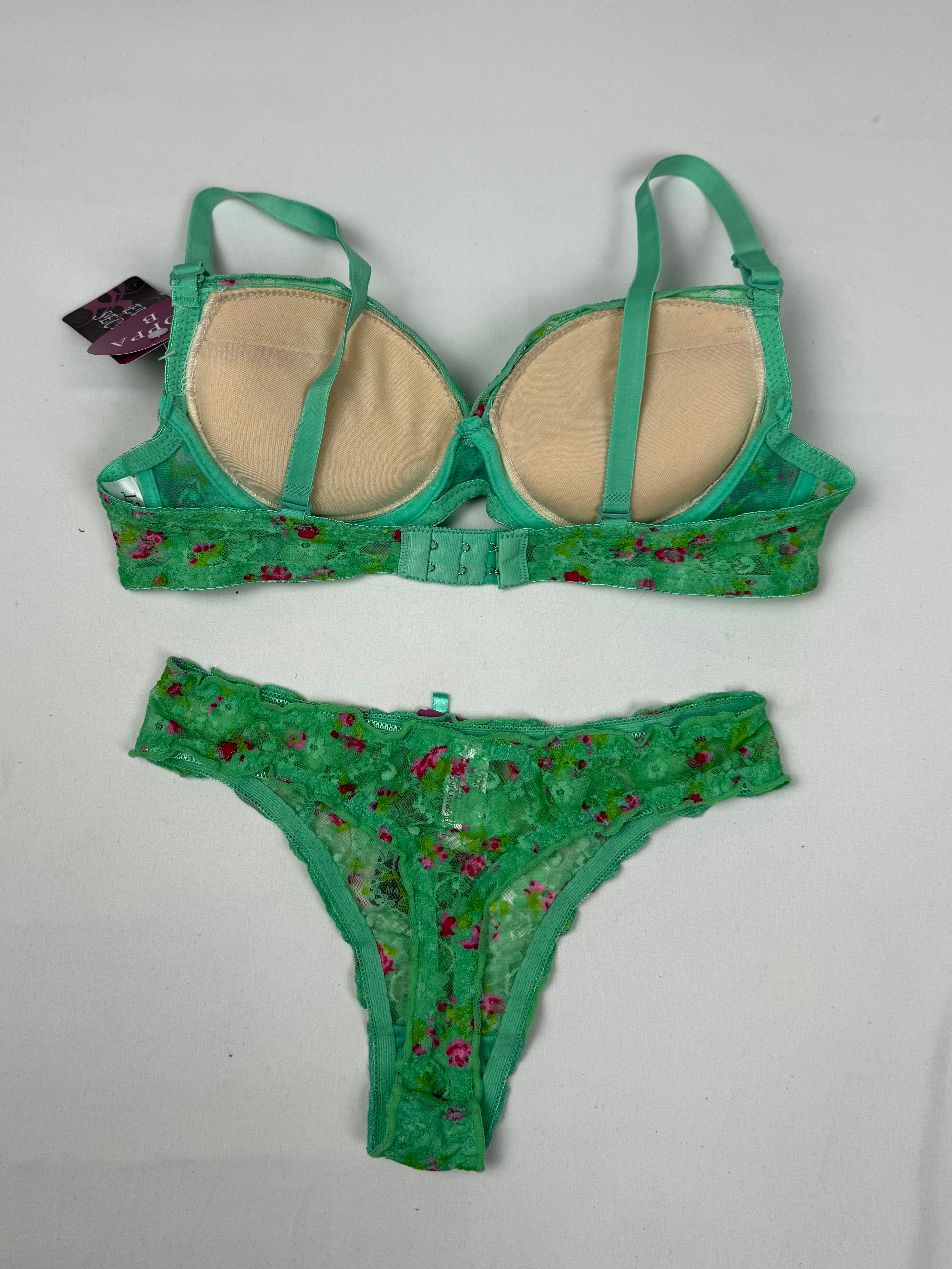 Green mesh floral extra push up underwear set bra + thong (S)