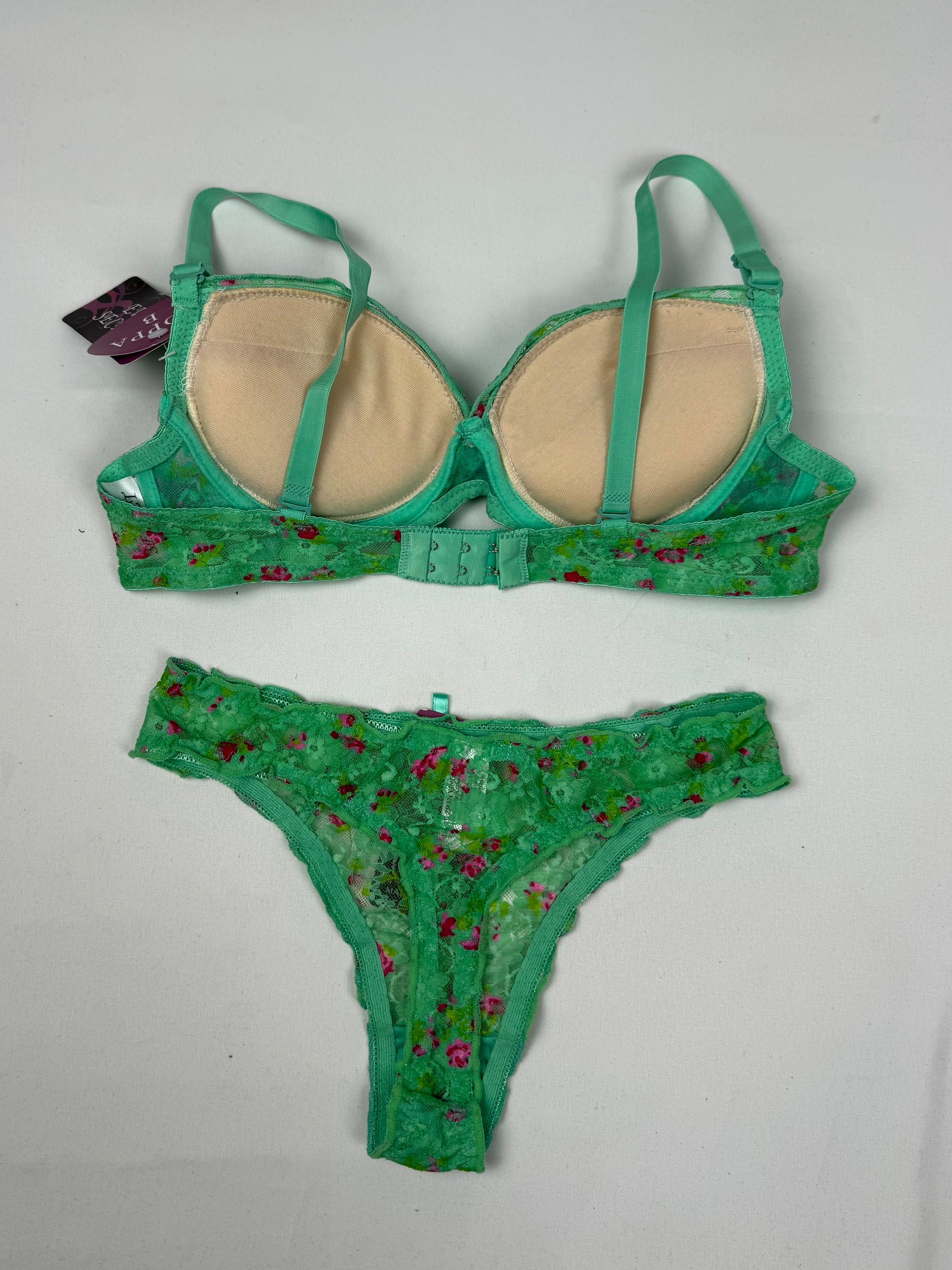 Green mesh floral extra push up underwear set bra + thong (S)