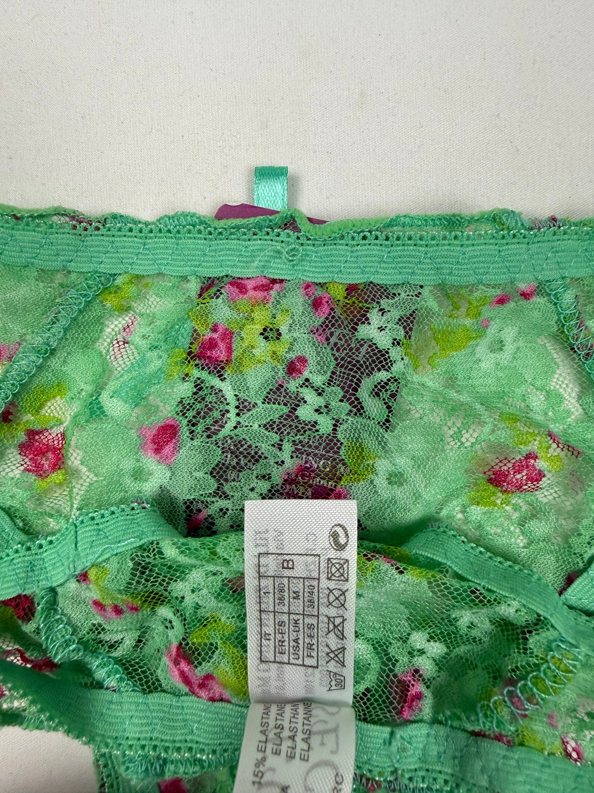 Green mesh floral extra push up underwear set bra + thong (S)