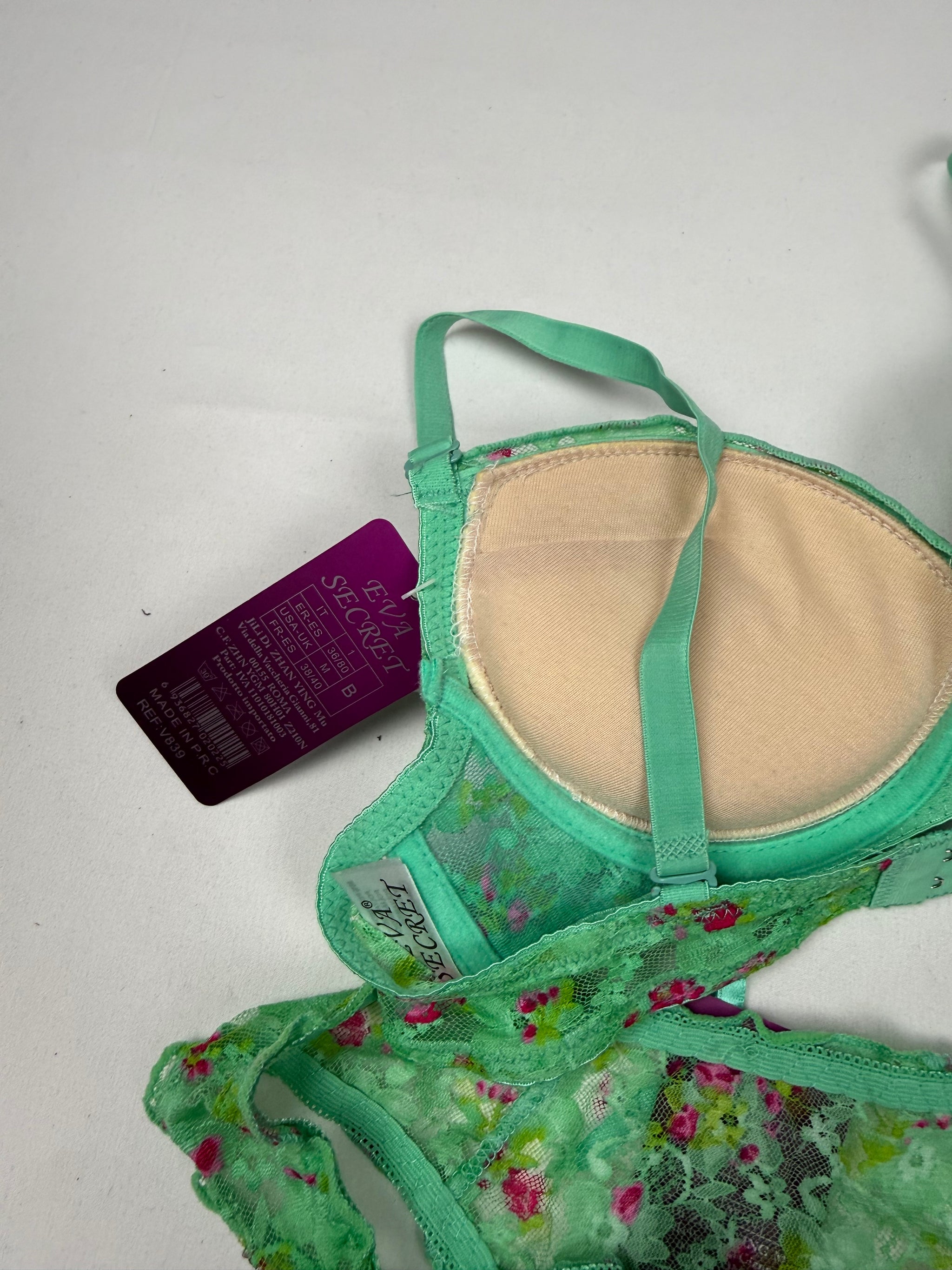 Green mesh floral extra push up underwear set bra + thong (S)