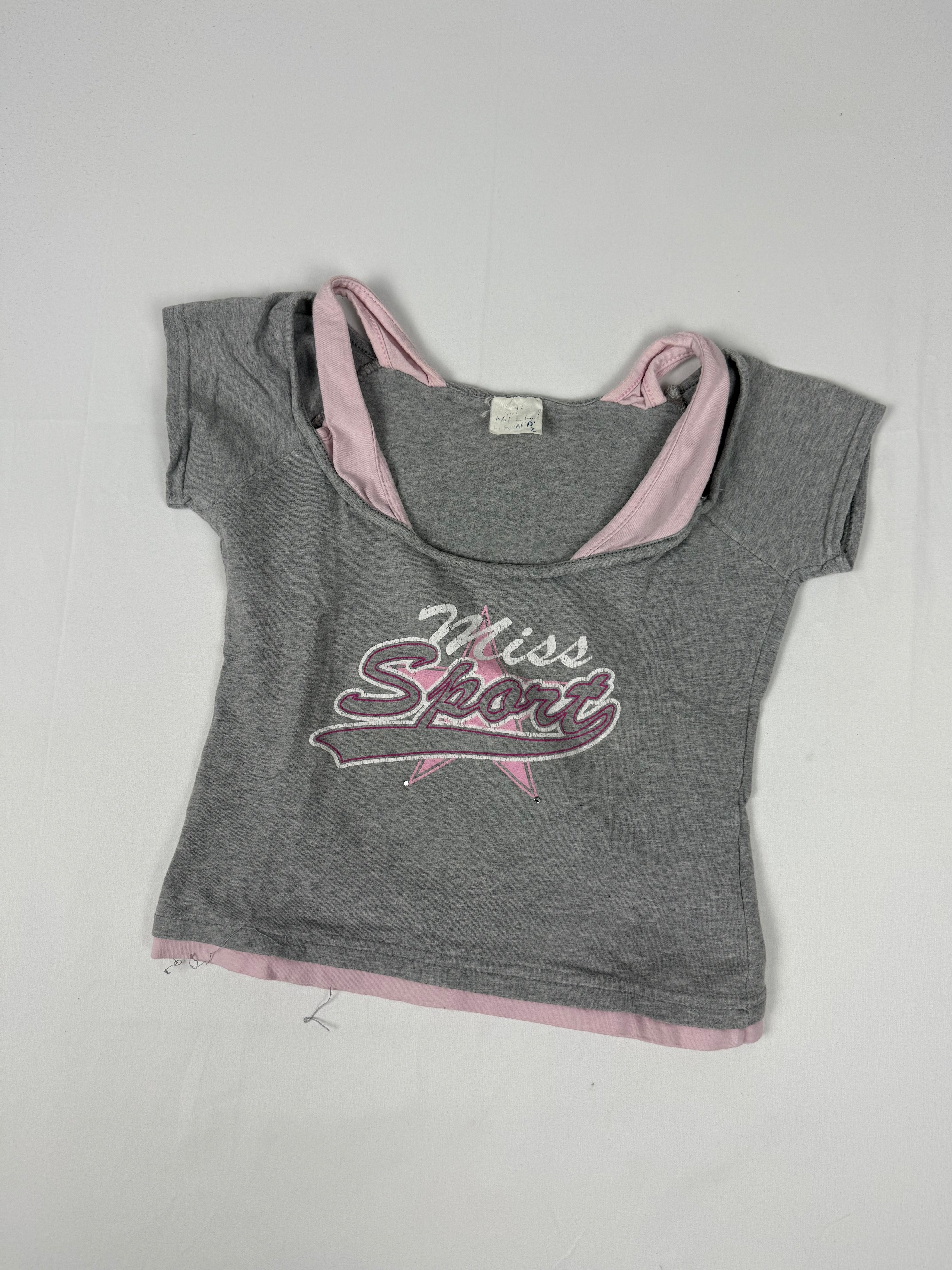 Grey & baby pink cotton tight fit crop tee (XS)