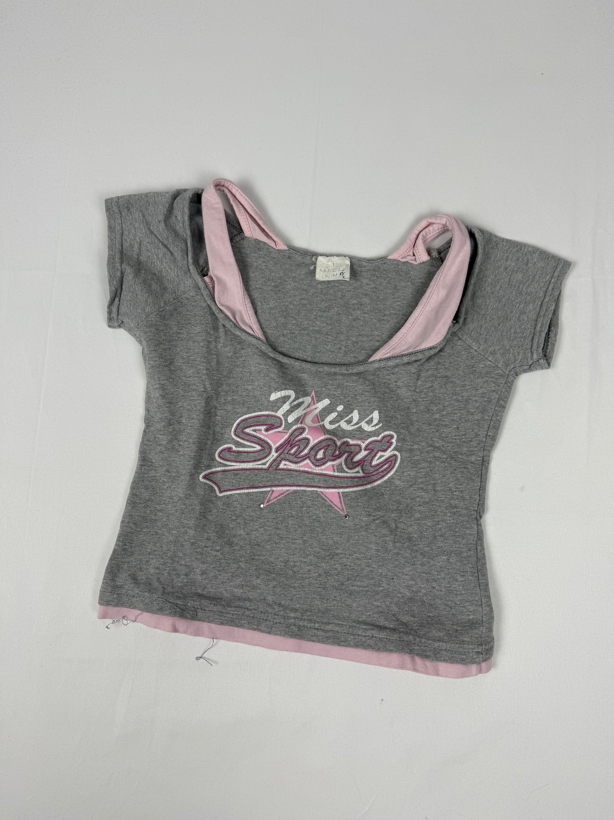 Grey & baby pink cotton tight fit crop tee (XS)