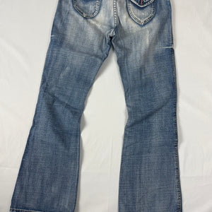 Blue denim low rise flare pants (S)