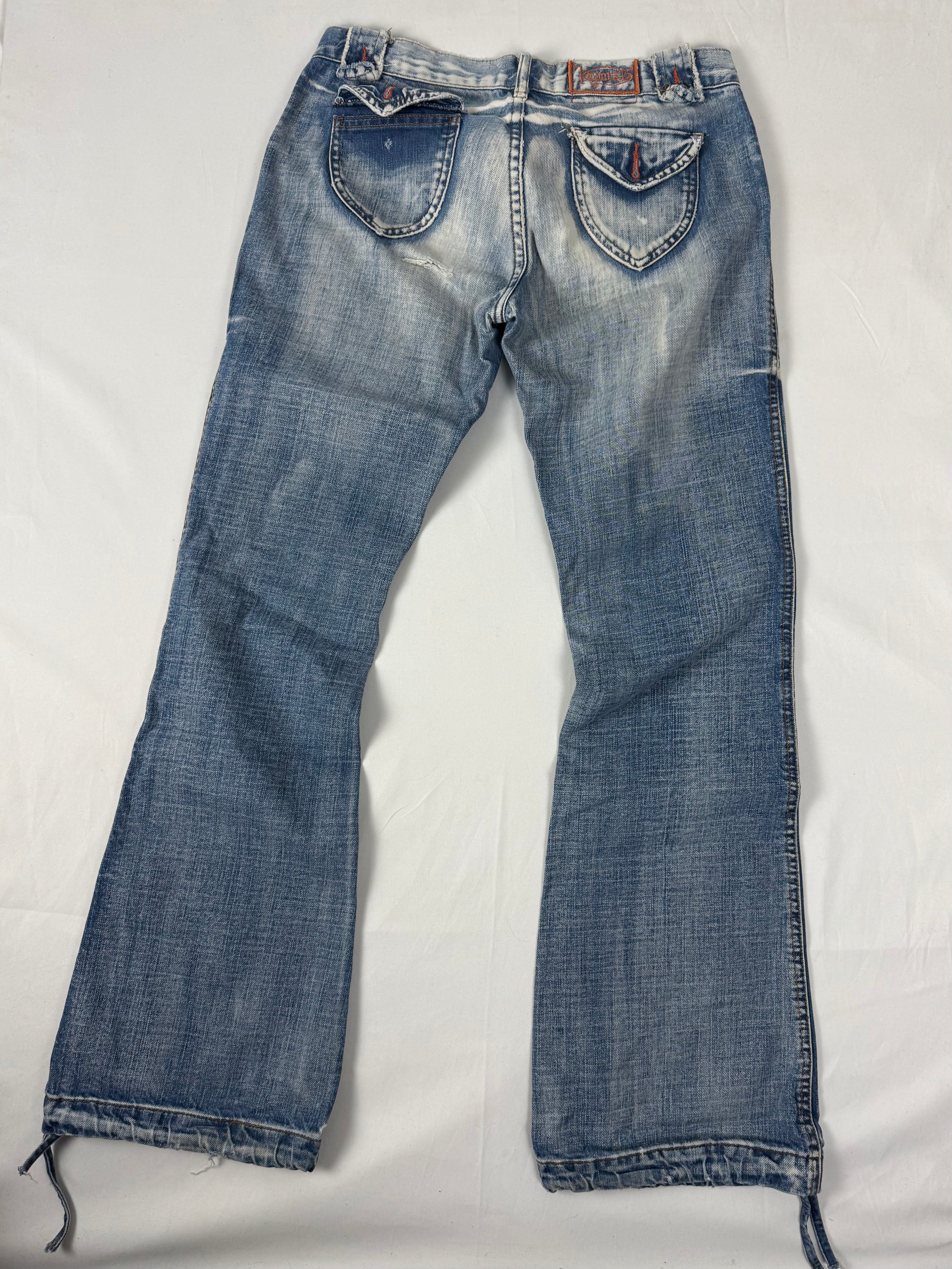 Blue denim low rise flare pants (S)