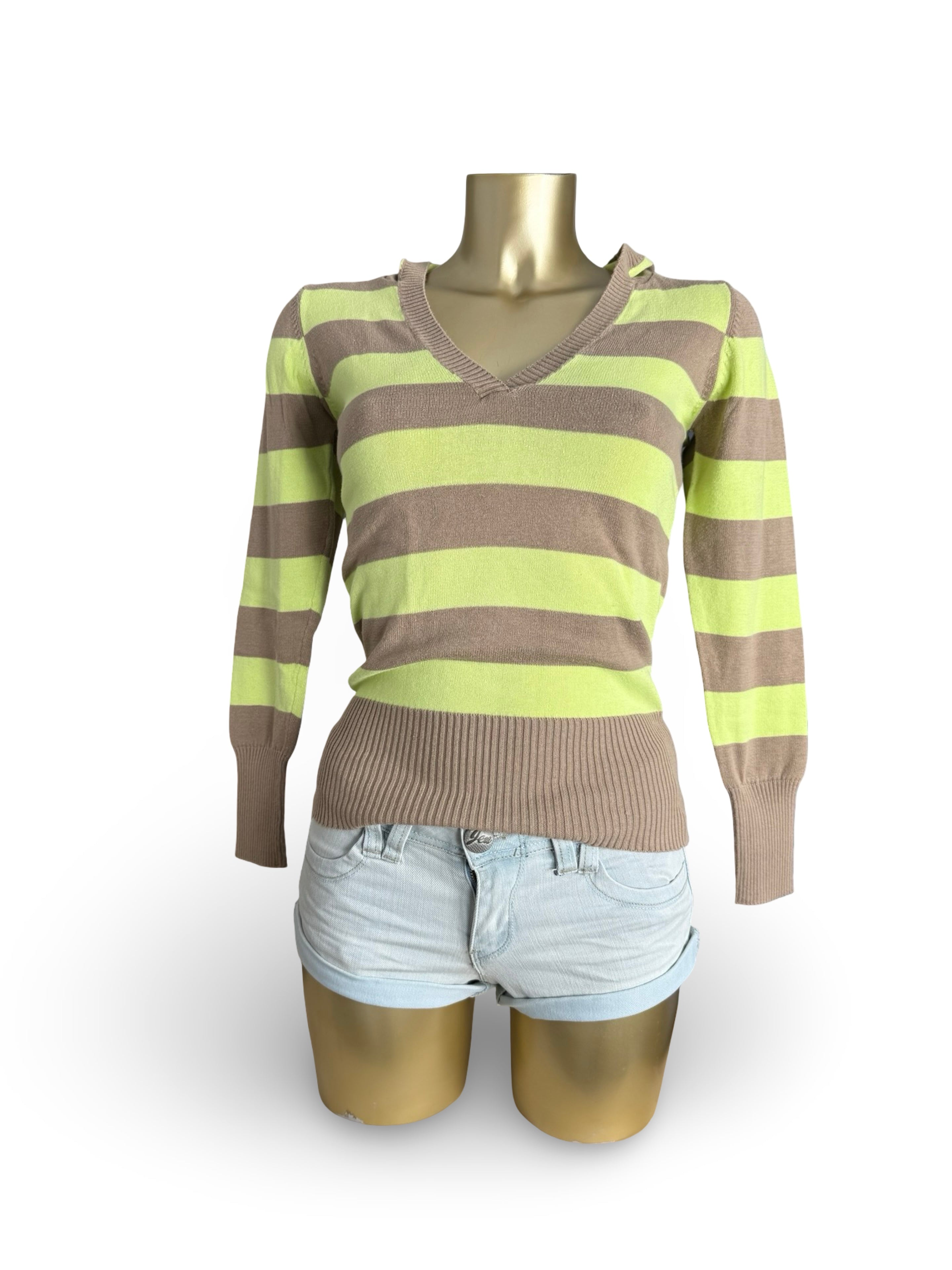 Brown & green striped hooded jumper (S)
