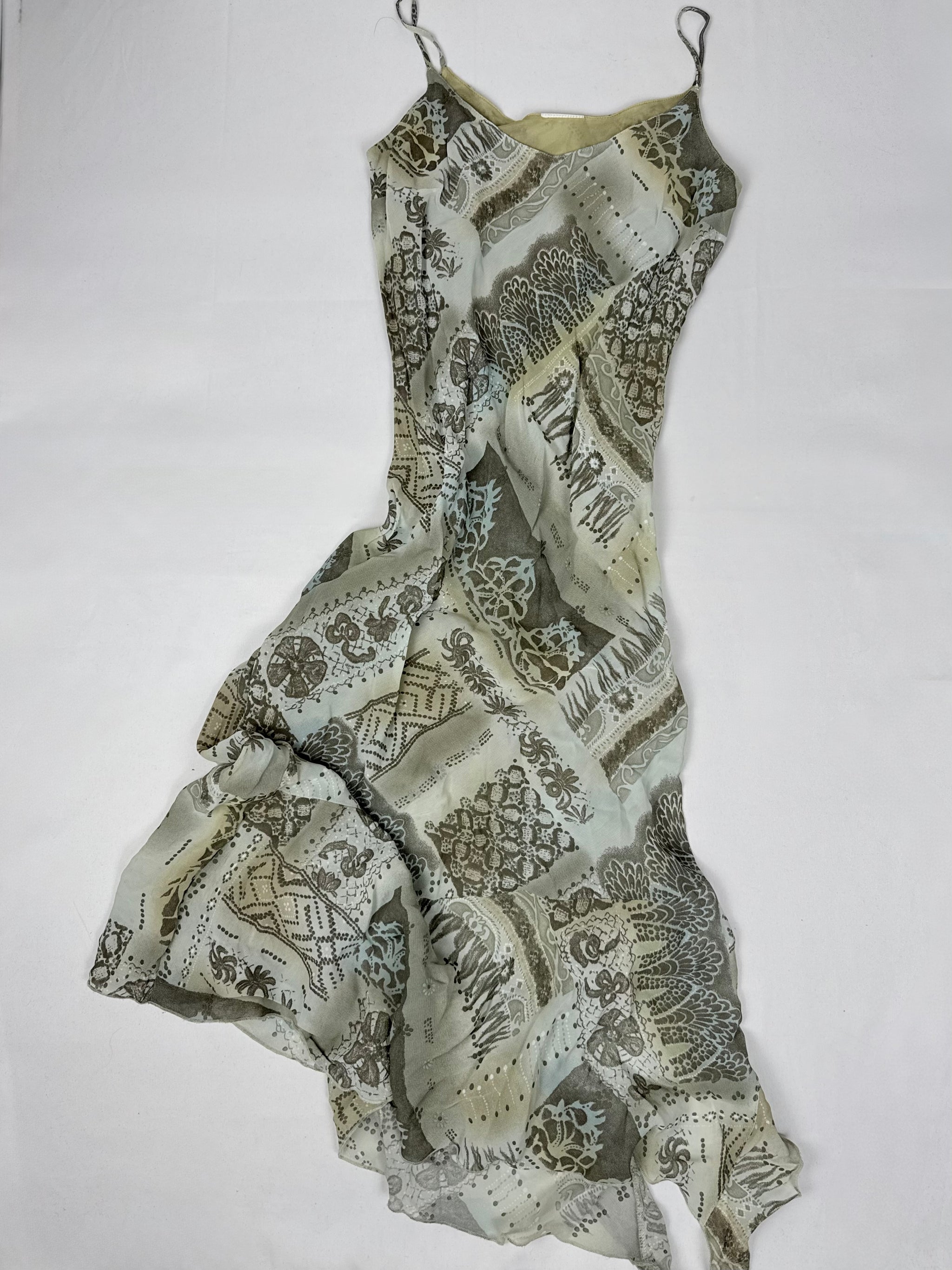 Khaki graphic mesh lined maxi dress (S/M)
