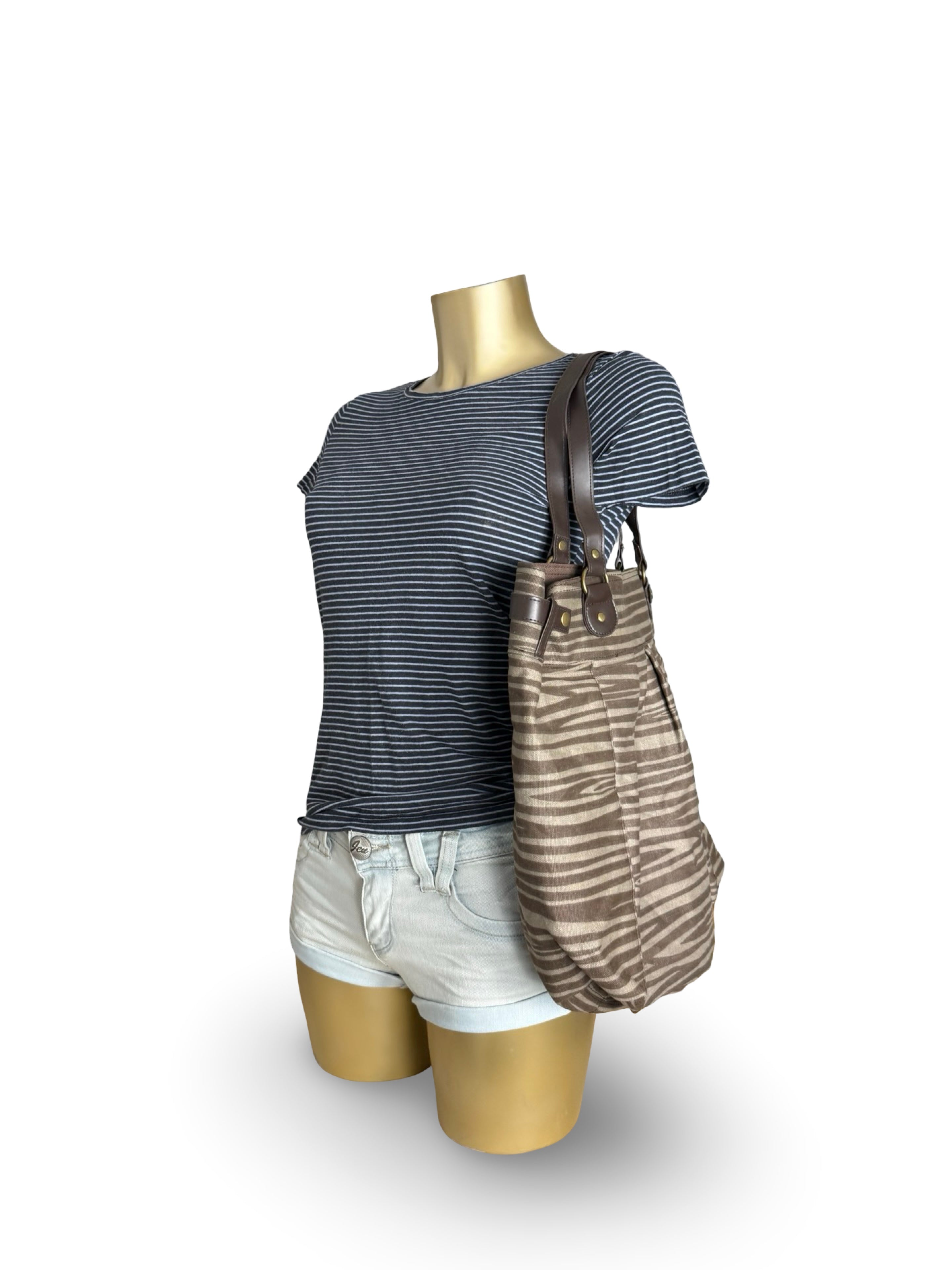 Beige animal print cotton shoulder bag (36x39cm)