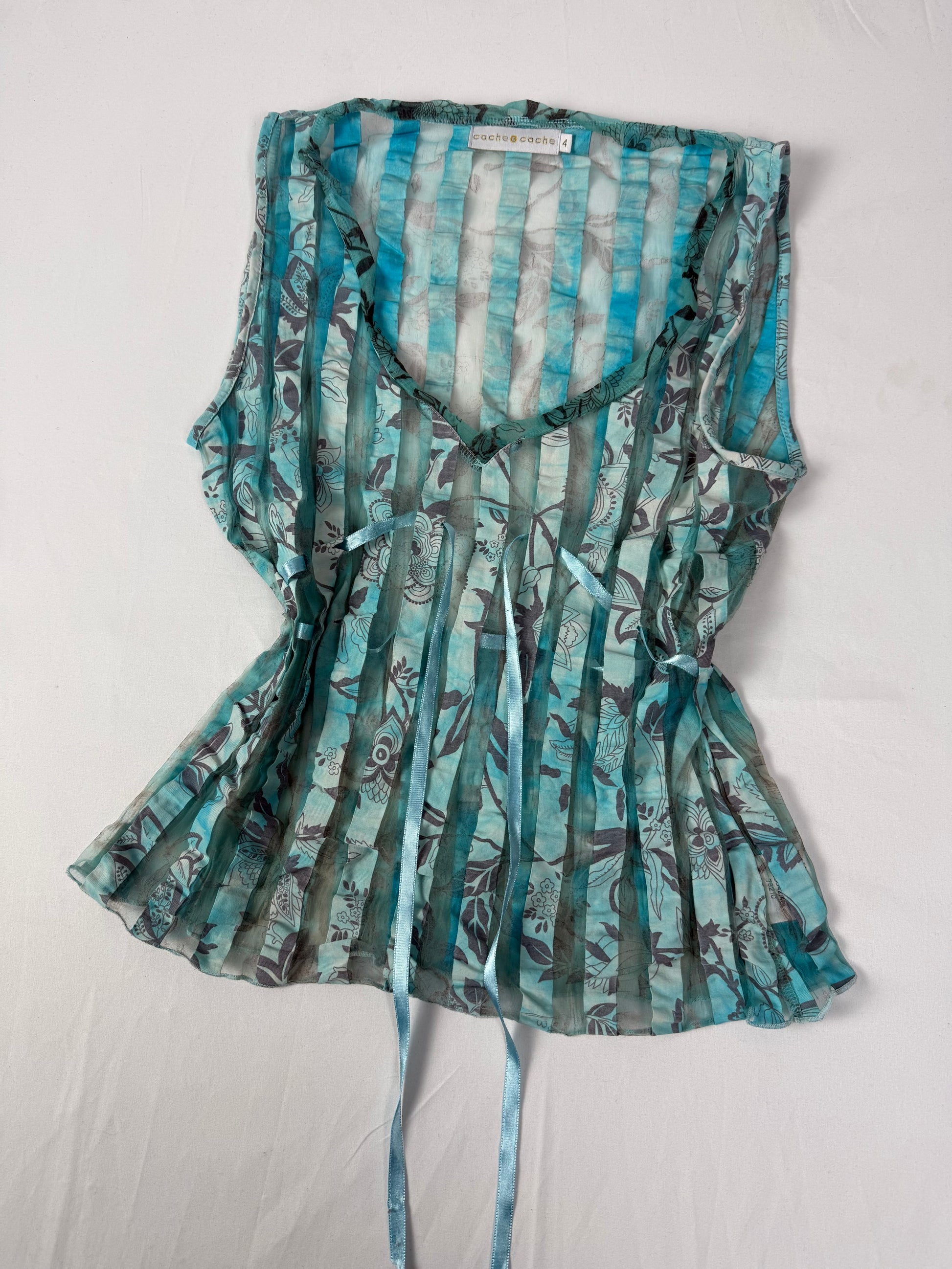 Blue striped floral tie up mesh top (XL)