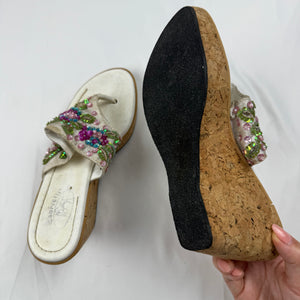 White pearls wood wedge thong mules (36)