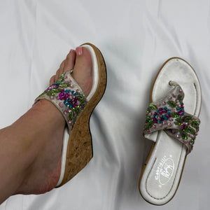 White pearls wood wedge thong mules (36)