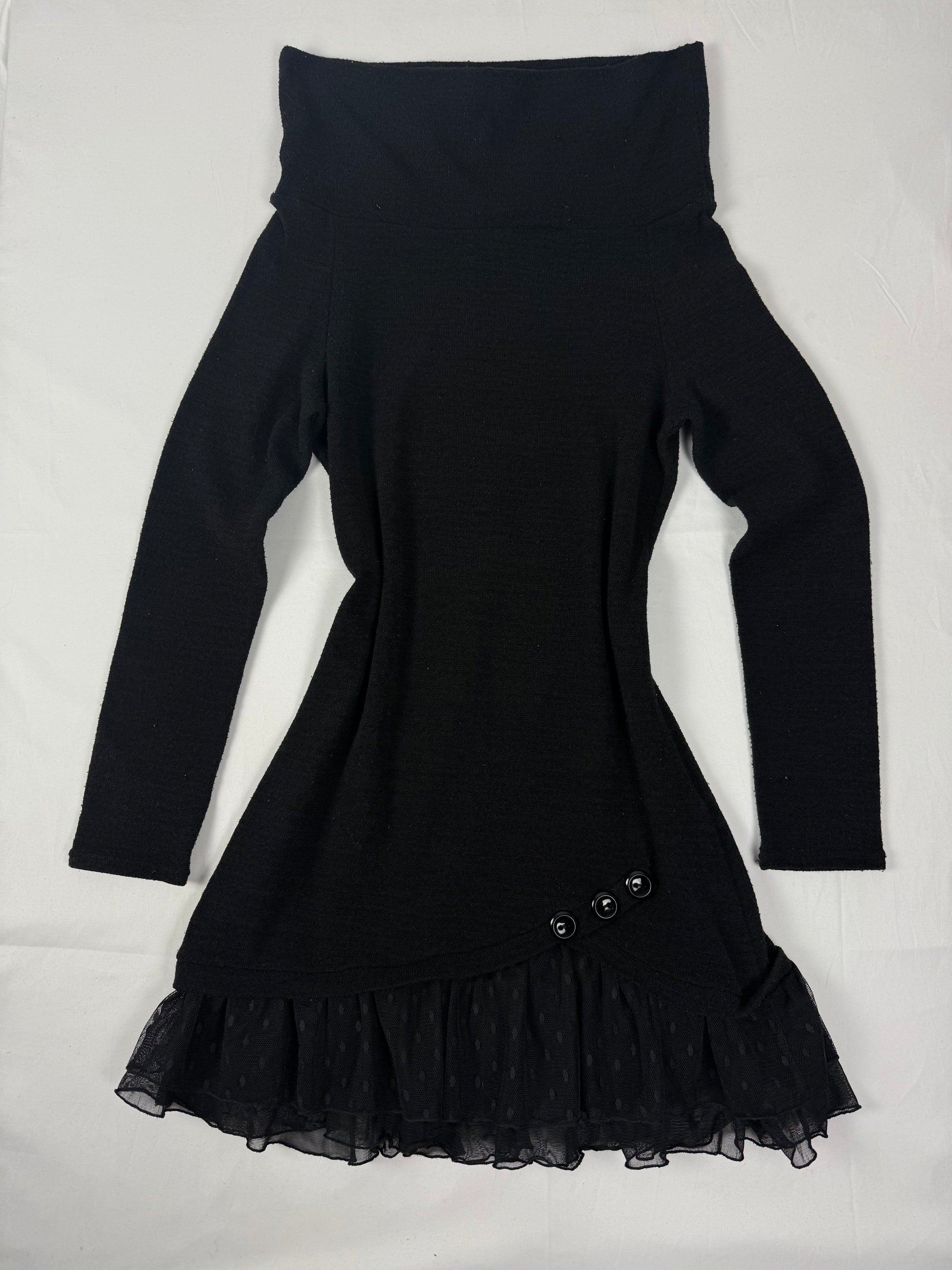 Black turtleneck / off shoulder knitted mini dress (S)