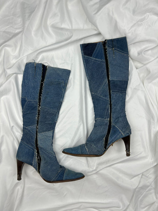 Blue denim  pointed toes knee high kitten heels 100% real leather boots (36)