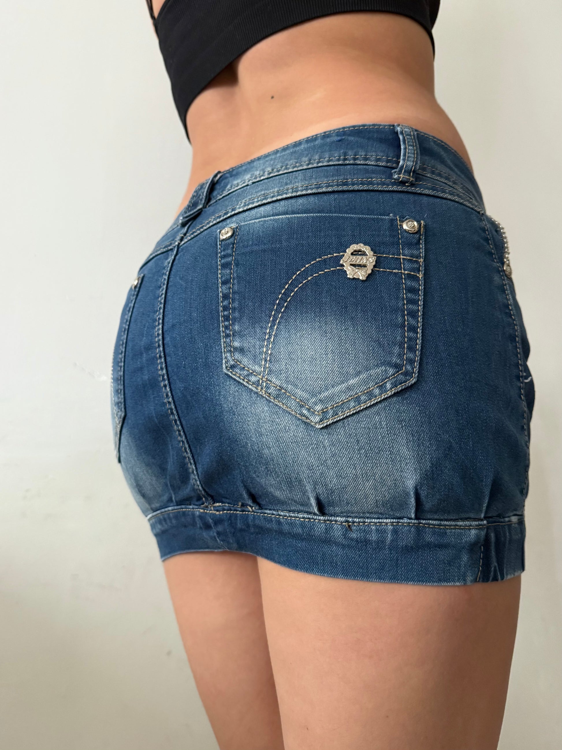 Blue denim low rise mini skirt (XS)