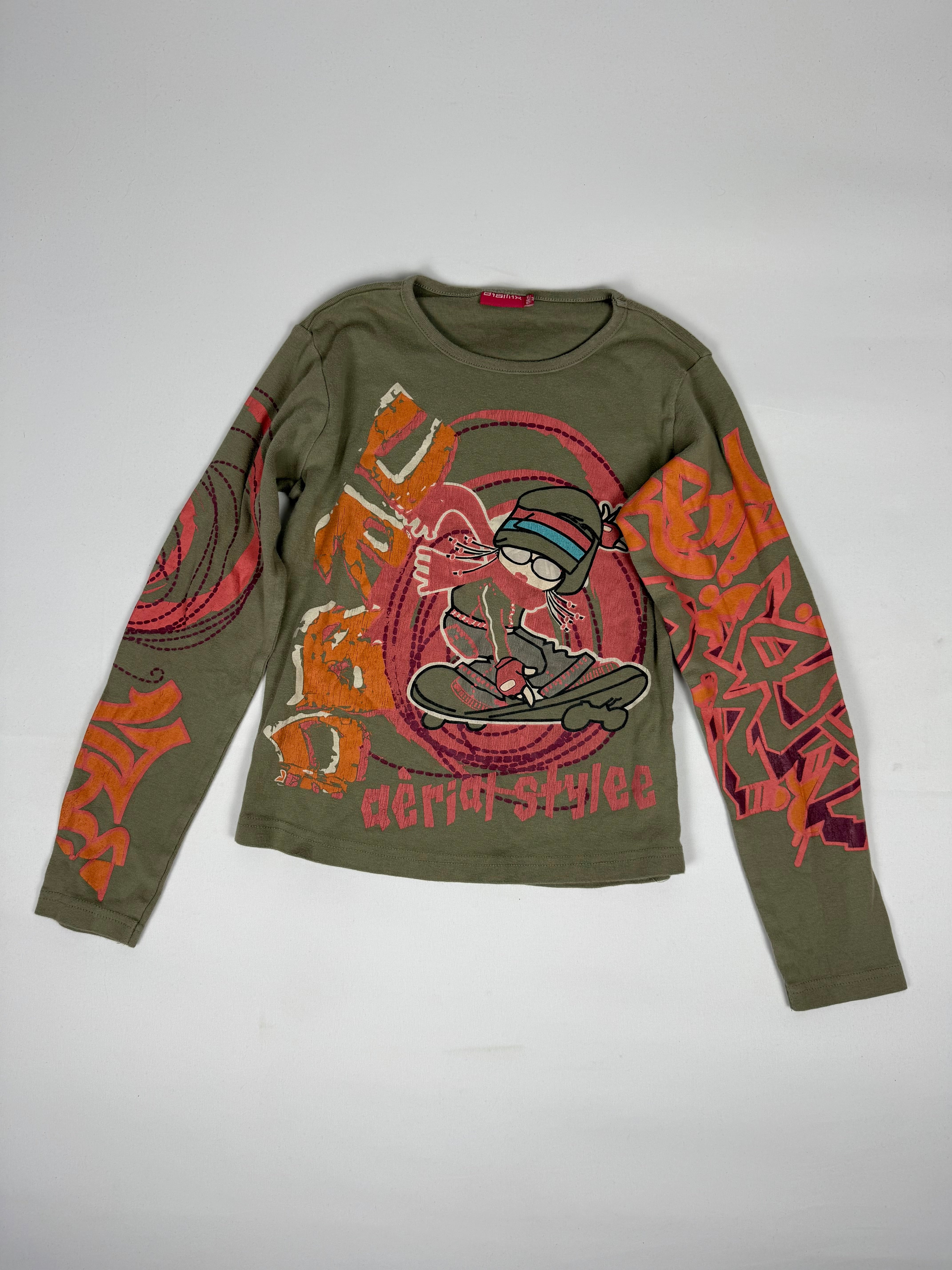 Khaki graphic cotton long sleeves top (S)
