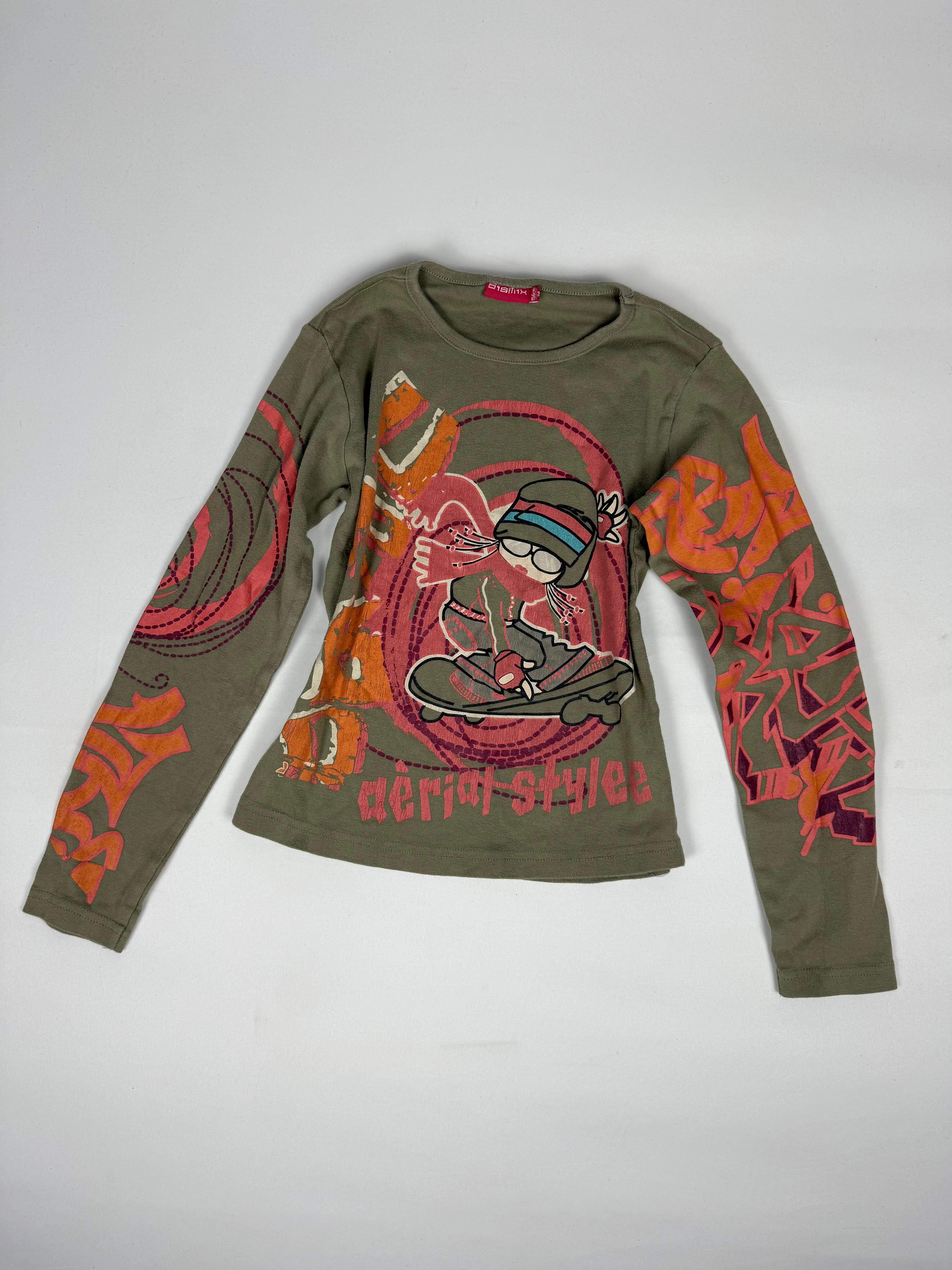 Khaki graphic cotton long sleeves top (S)