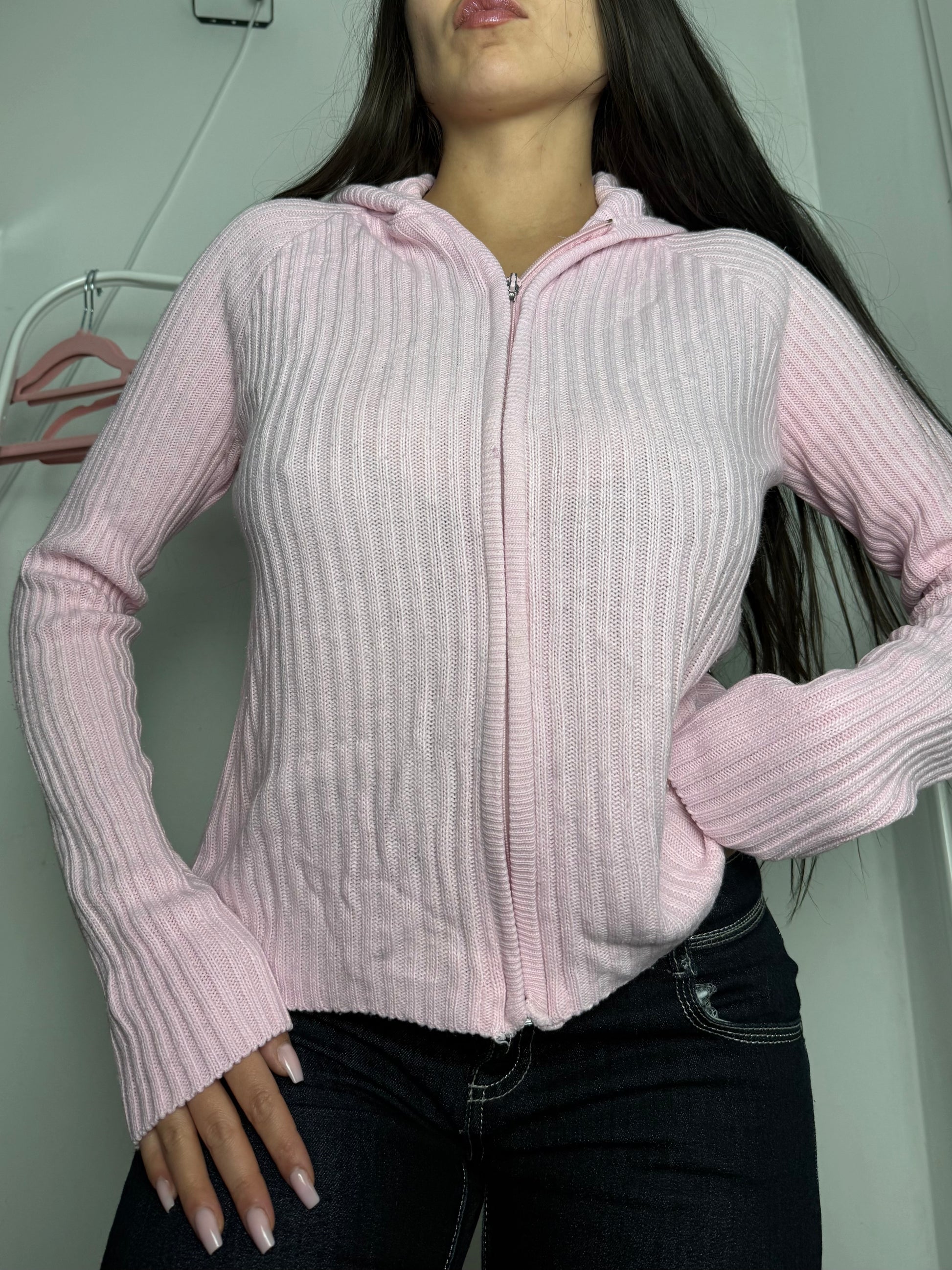 Baby pink ribbed tight fit hooded jumper (S/M)