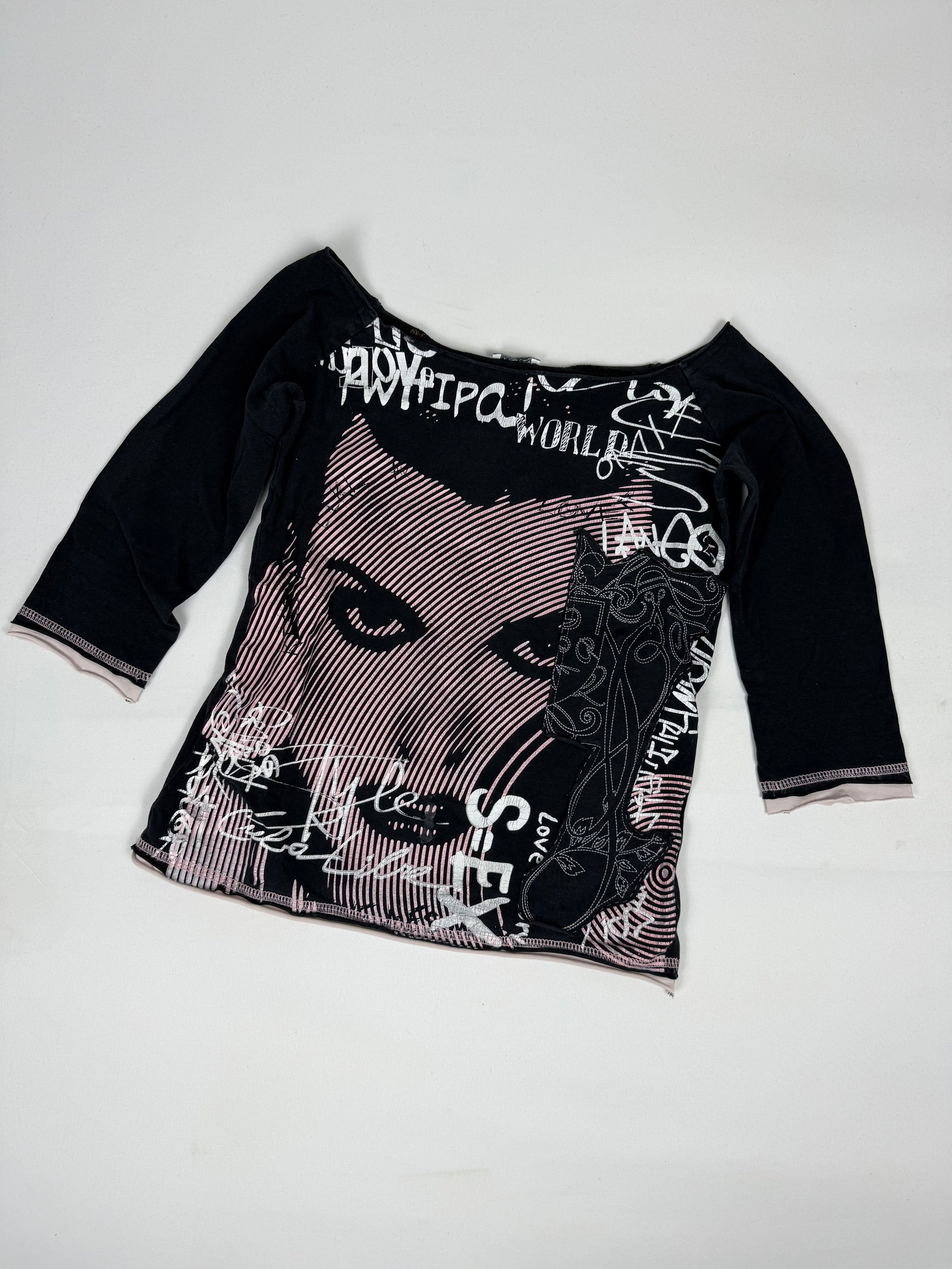 Black graphic cotton 3/4 sleeves top (M)