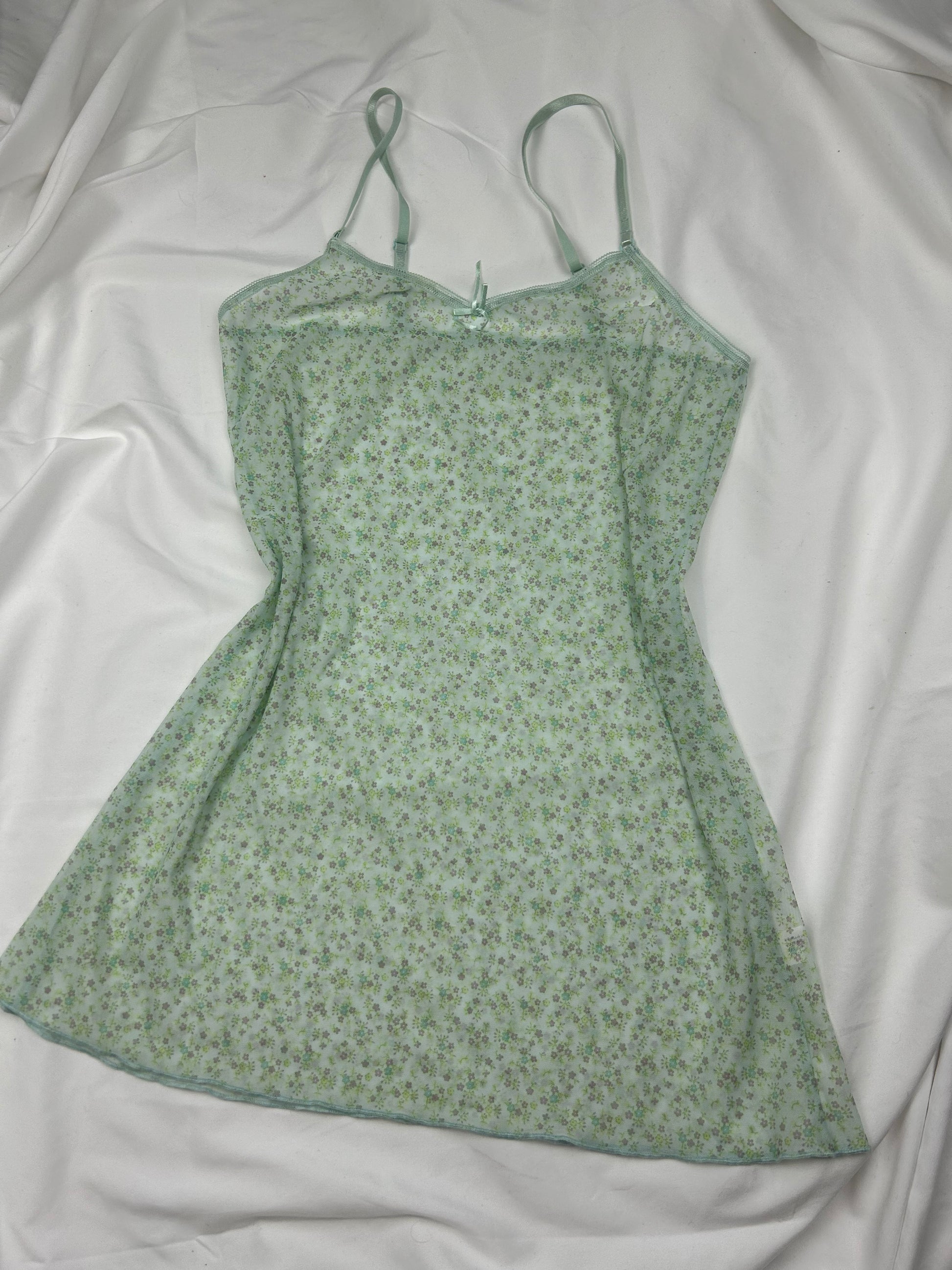 Green mesh floral print babydoll mini dress (S/M)