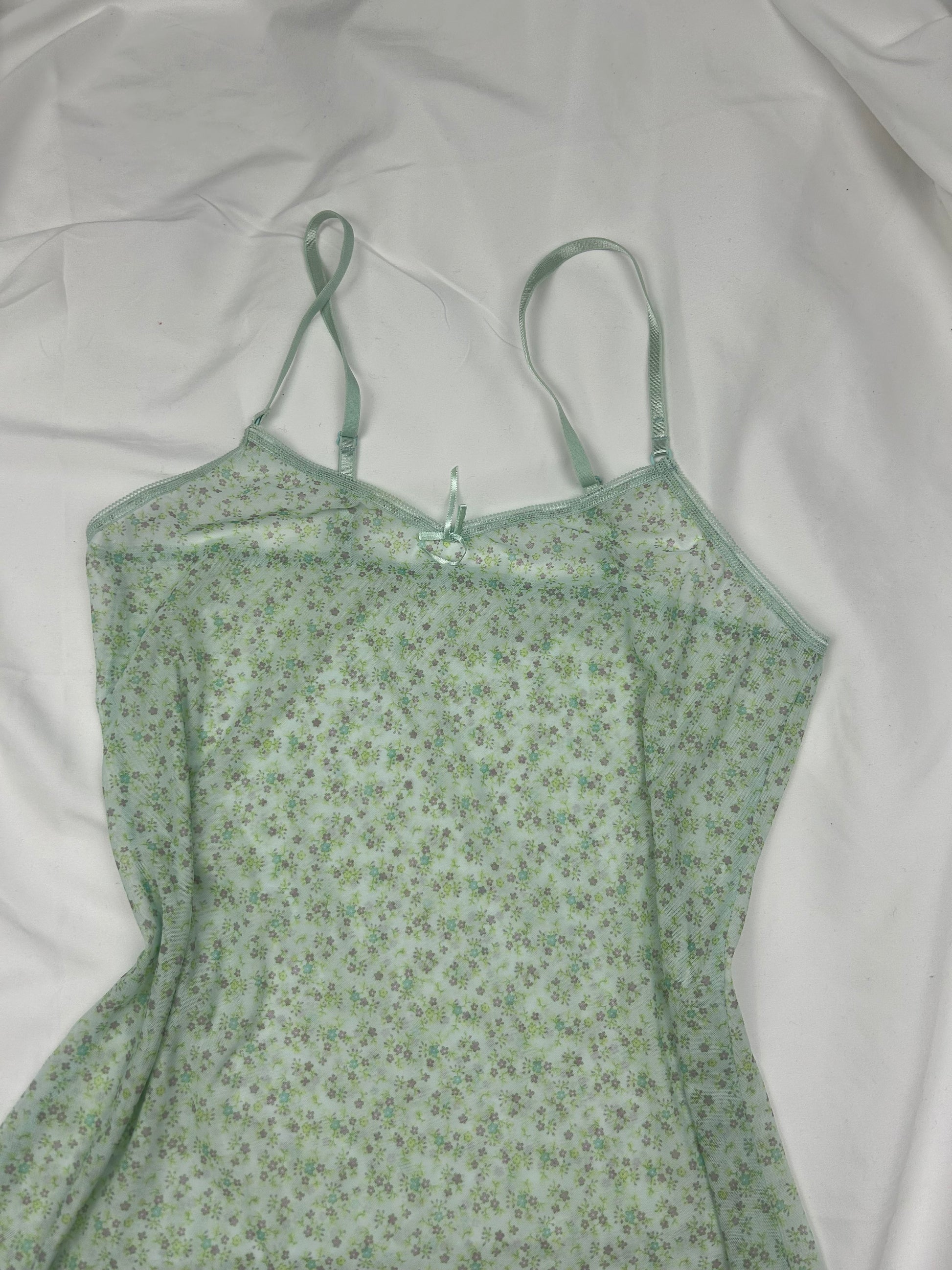 Green mesh floral print babydoll mini dress (S/M)