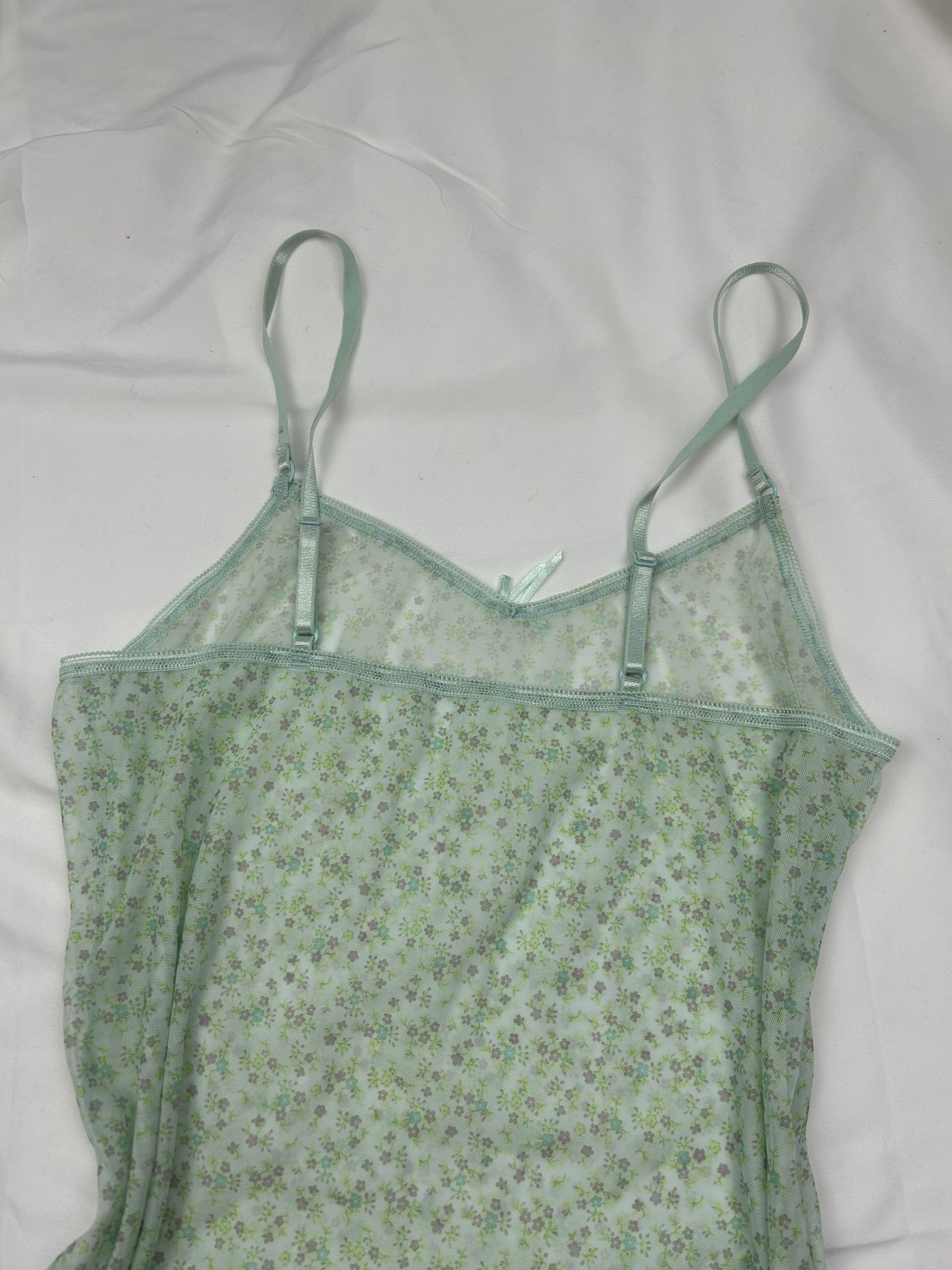 Green mesh floral print babydoll mini dress (S/M)