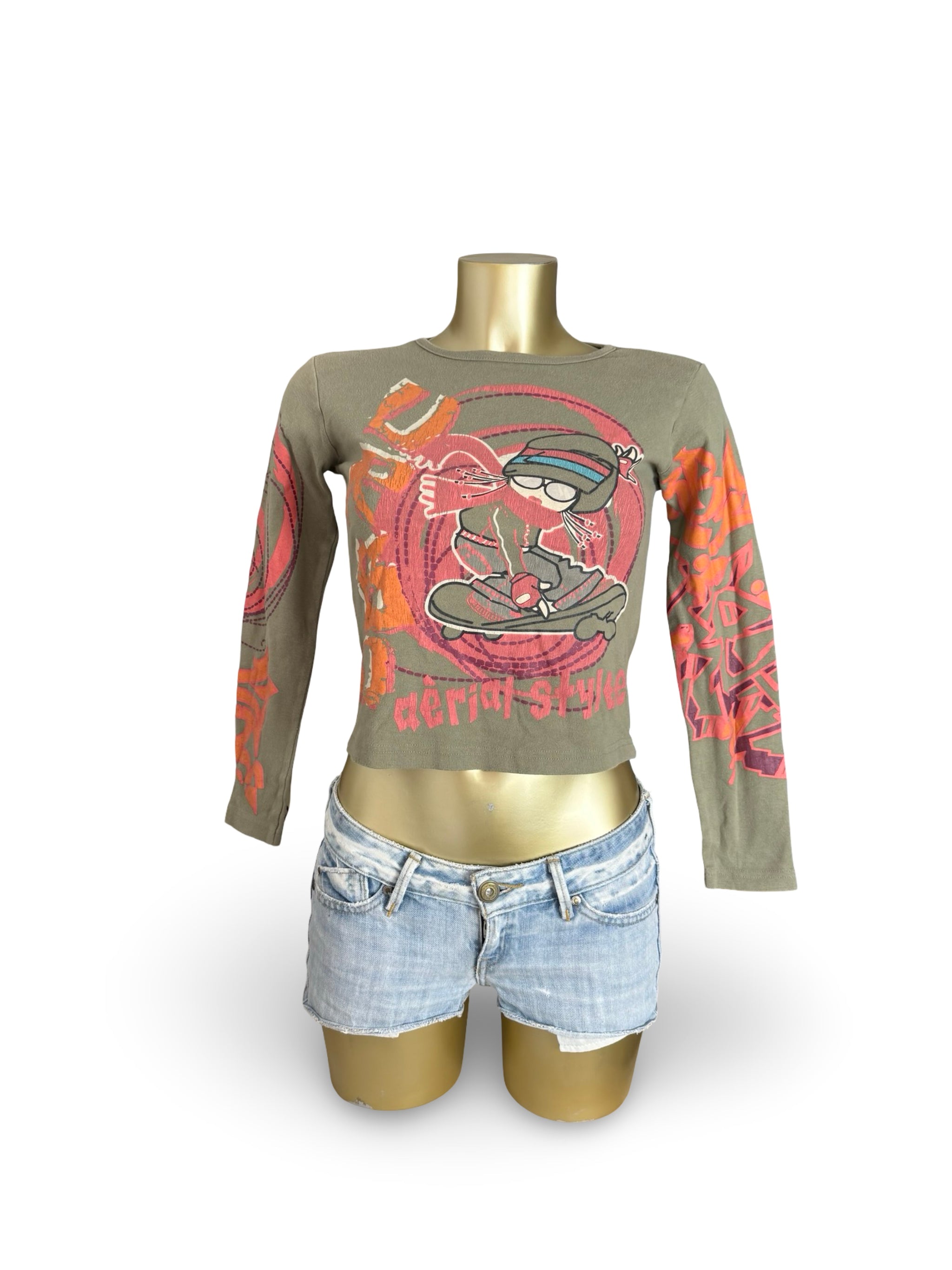Khaki graphic cotton long sleeves top (S)