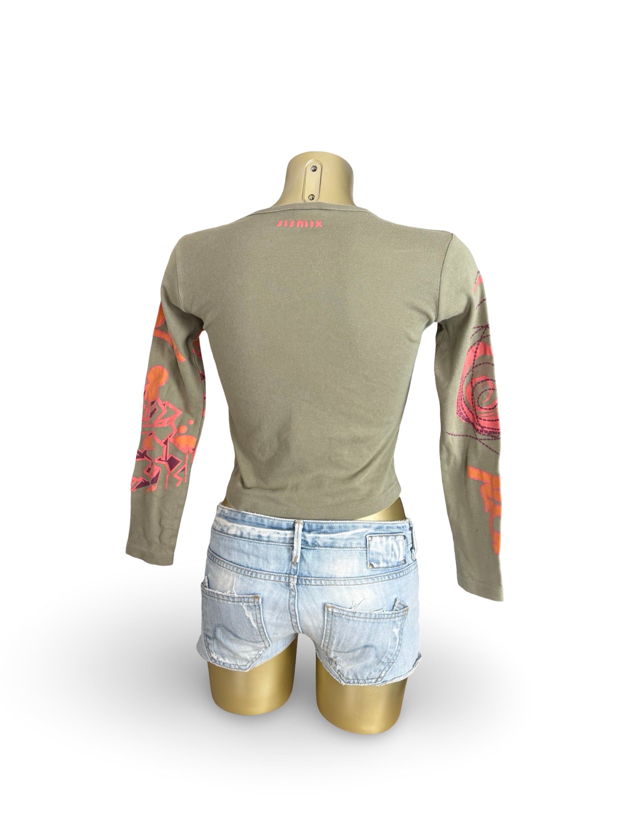 Khaki graphic cotton long sleeves top (S)