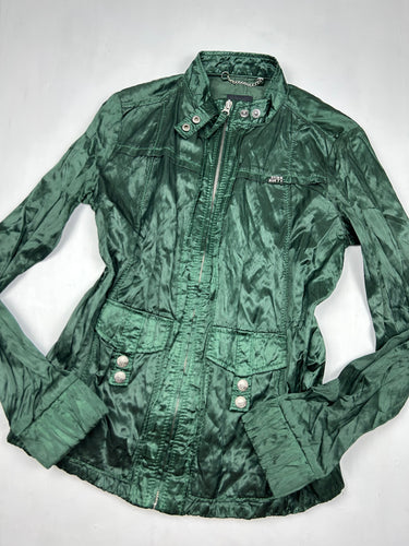 Green satin effect zip up biker jacket (S/M)