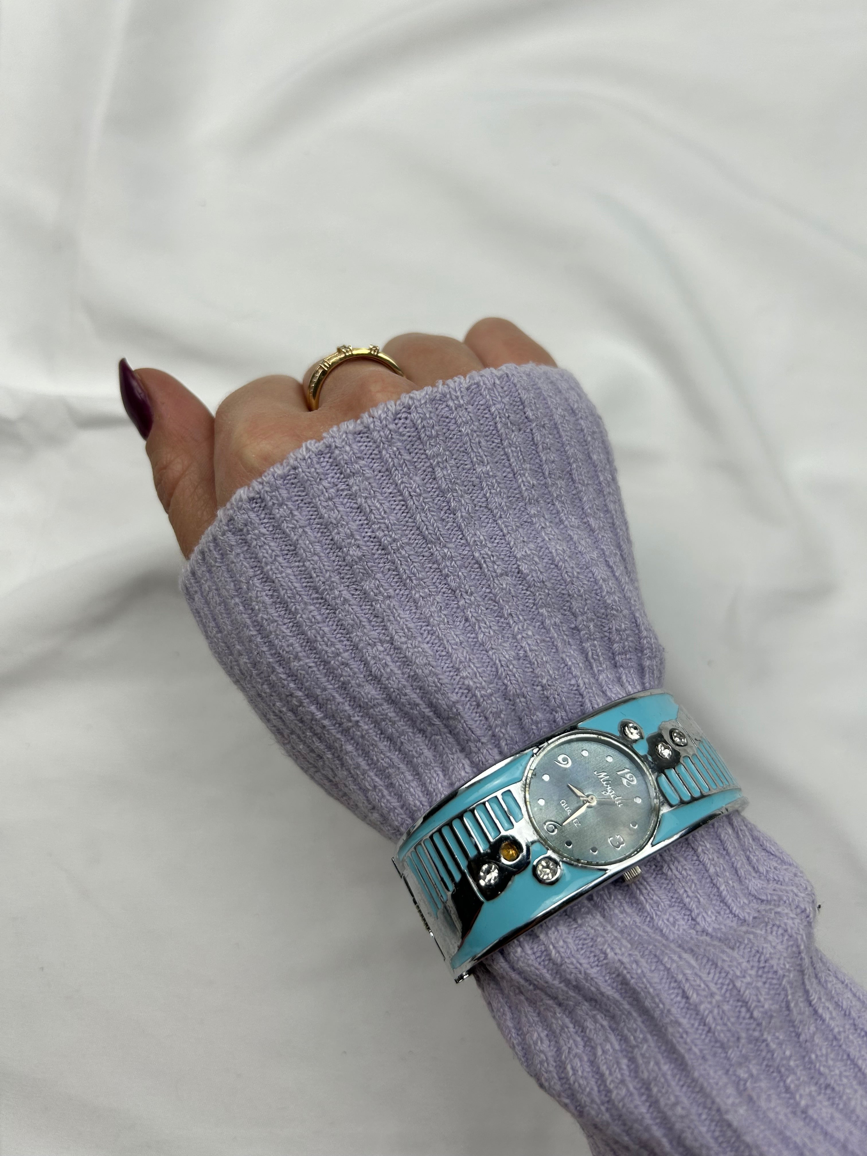Vintage silver & blue inox bangle bracelet watch jewelry