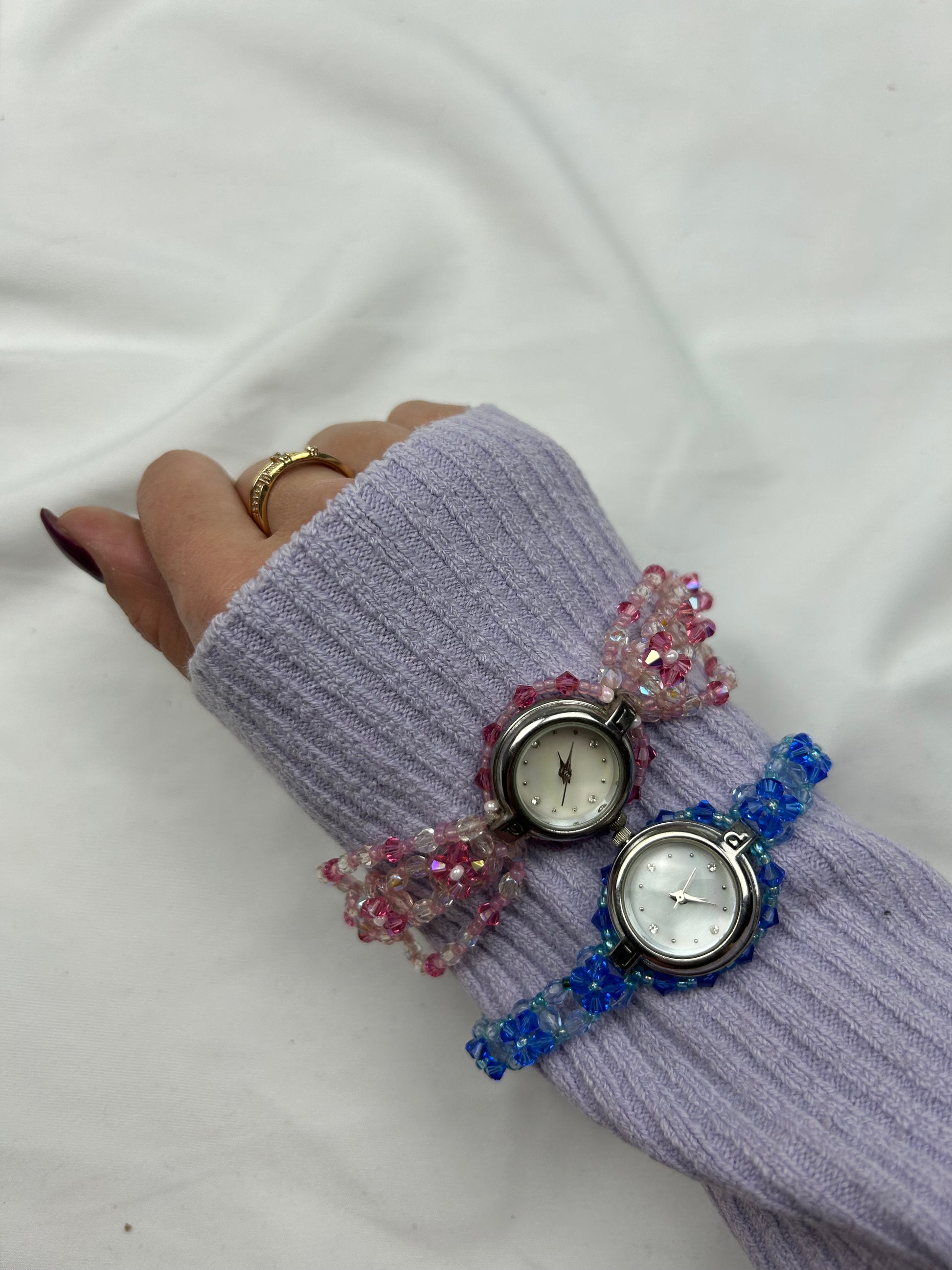 Vintage blue pearls inox bracelet watch jewelry