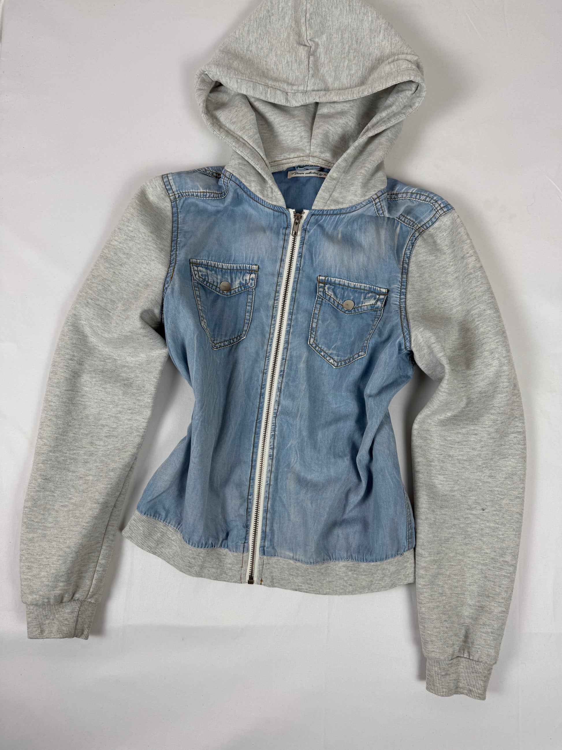Grey denim hooded  zip up jacket (M)