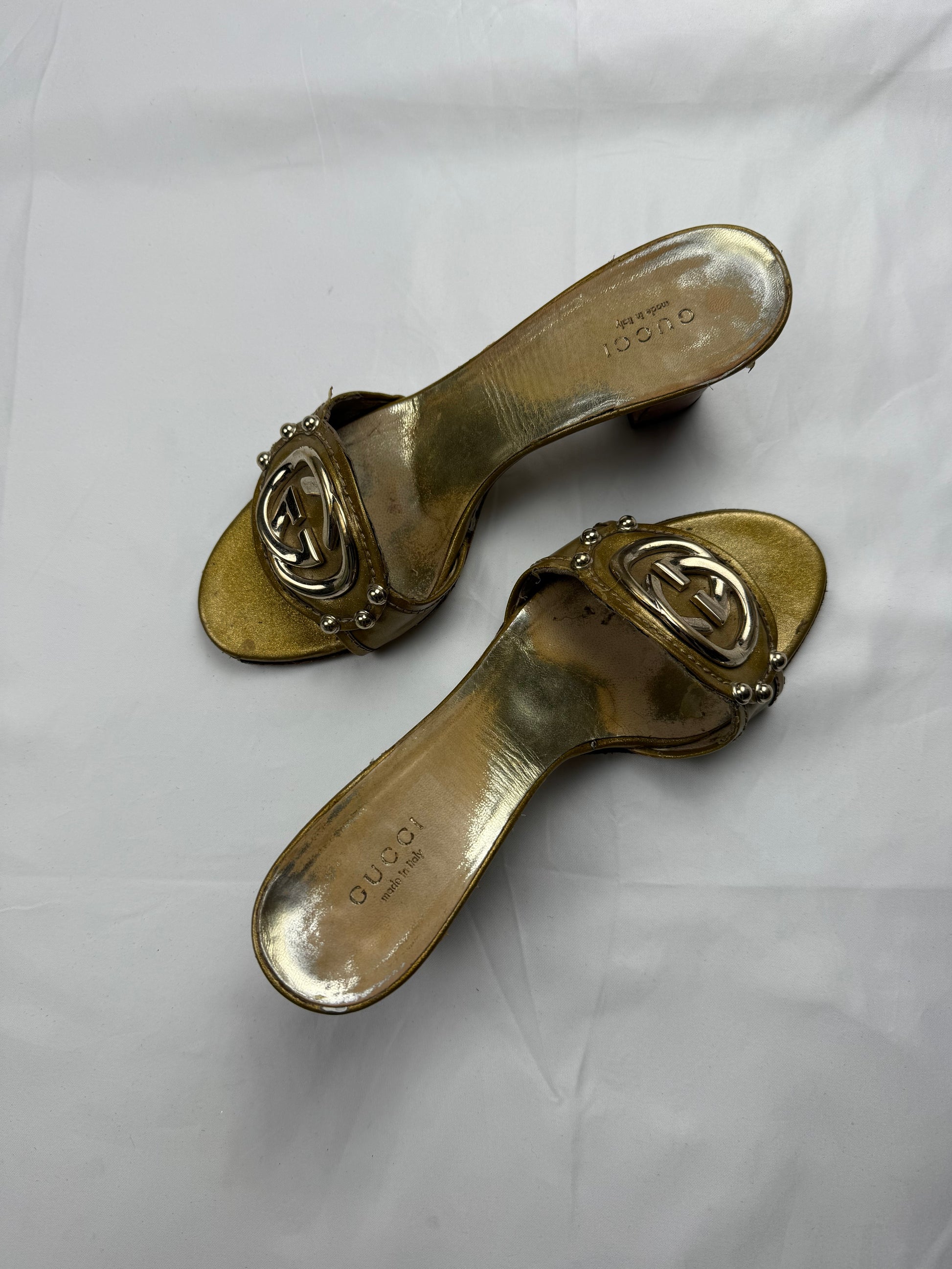 Gold GG buckle square heels mules  (36.5)