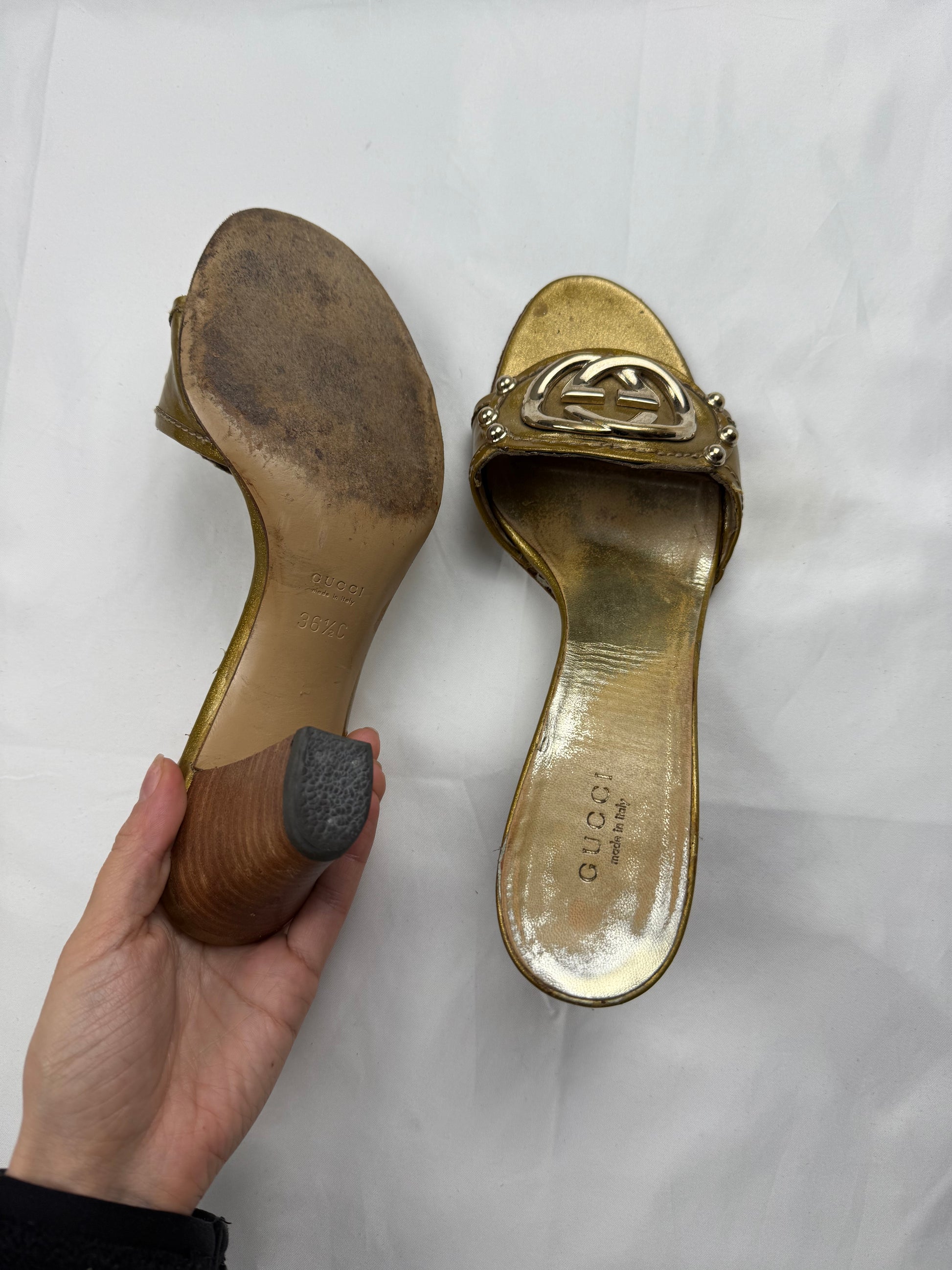 Gold GG buckle square heels mules  (36.5)