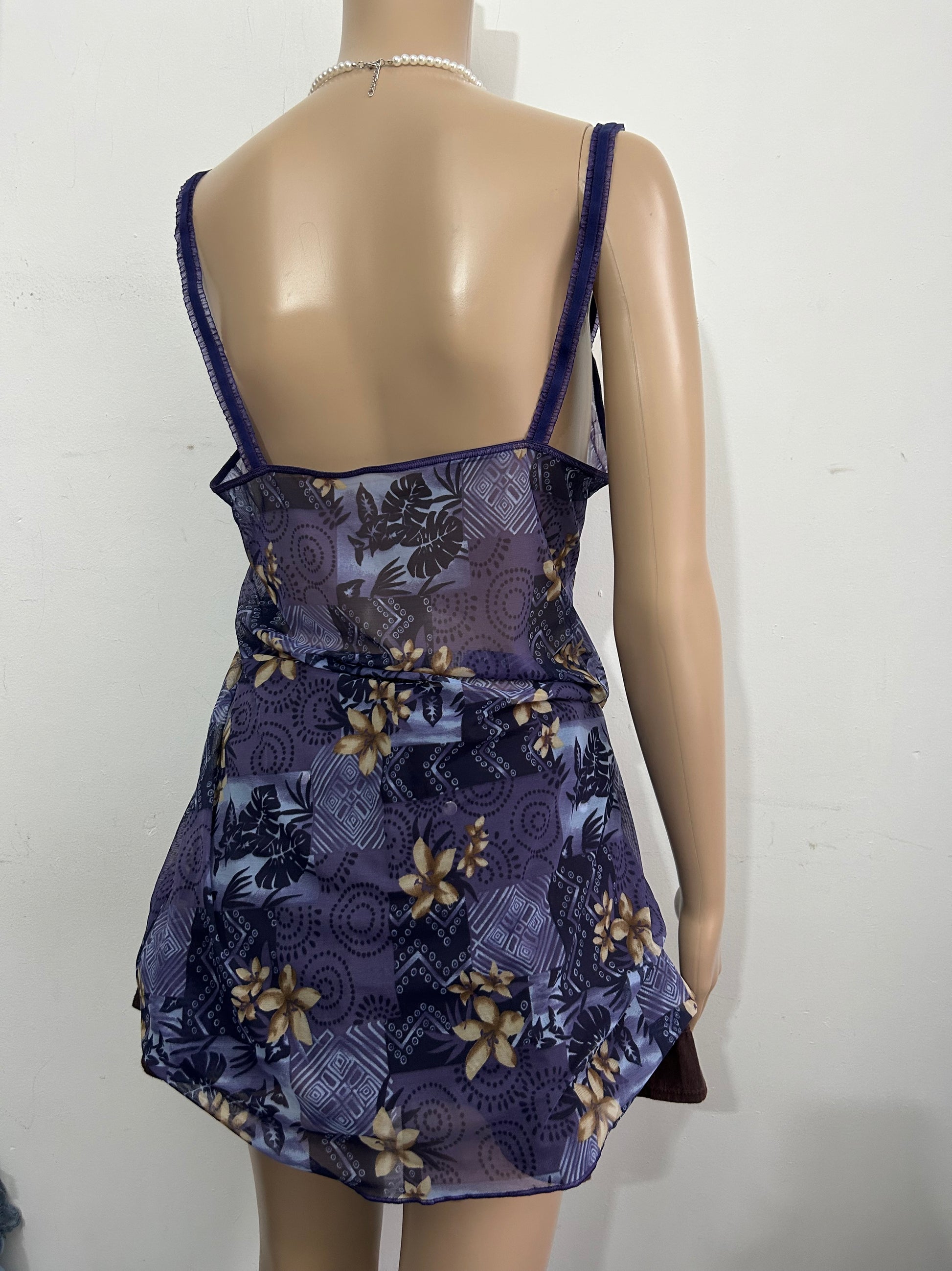 Navy floral print  lace mesh Y2K vintage lingerie babydoll mini dress (S/M)