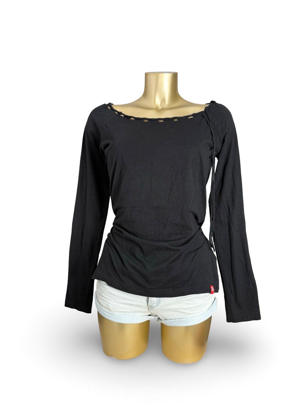 Black 100% cotton lace up neck top (L)