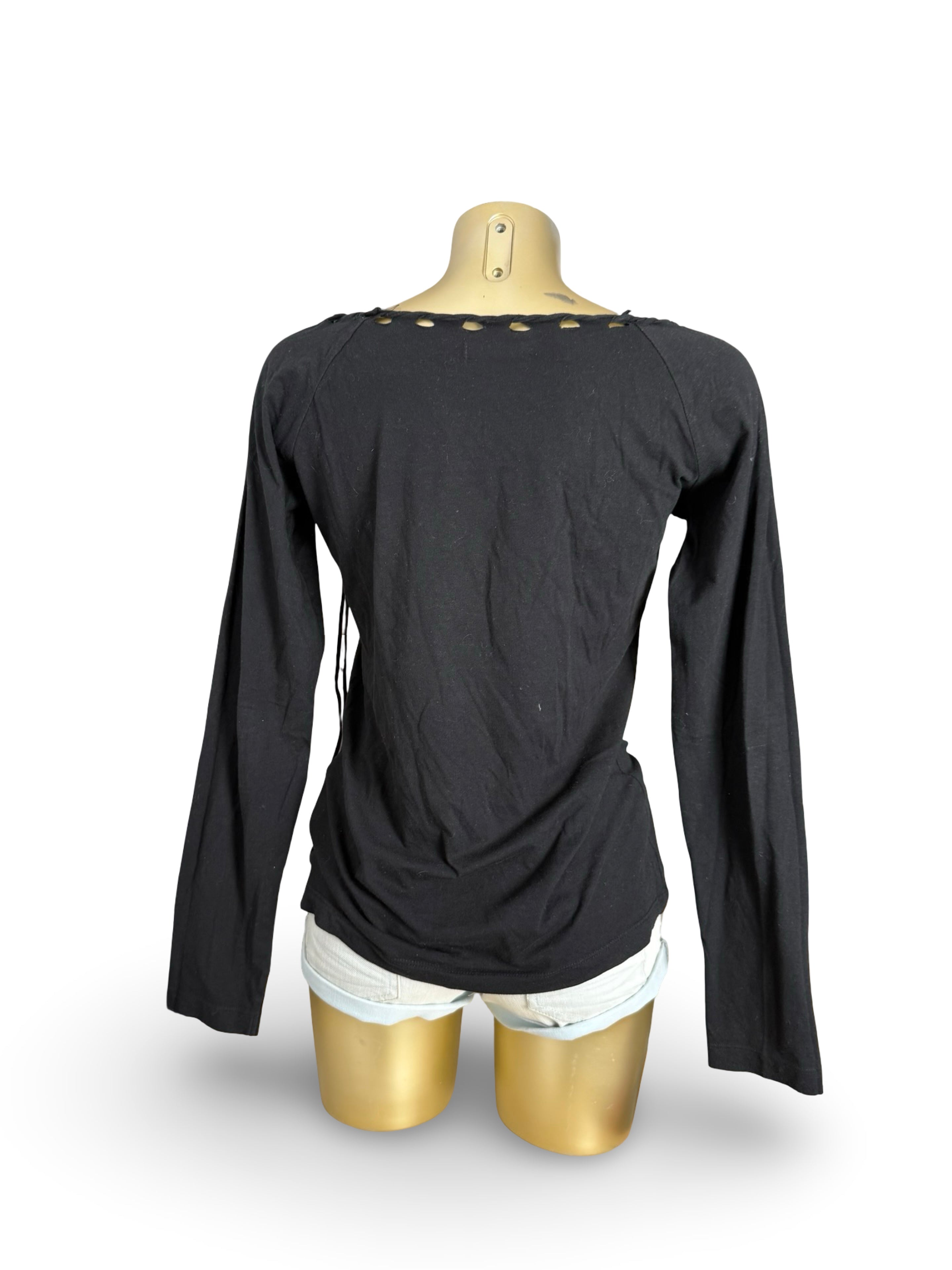 Black 100% cotton lace up neck top (L)