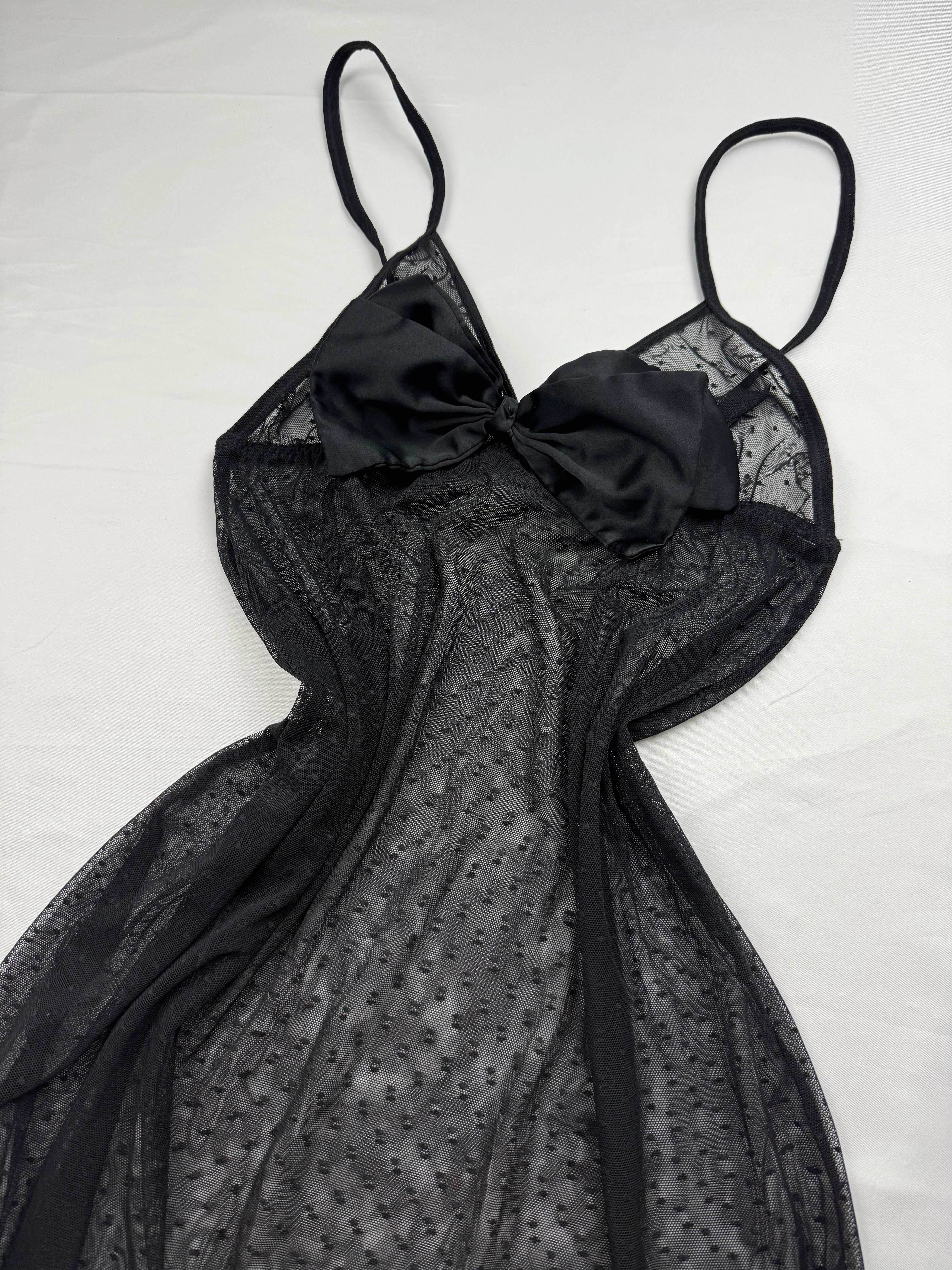 Black mesh bow polka dots babydoll mini dress (S/M)