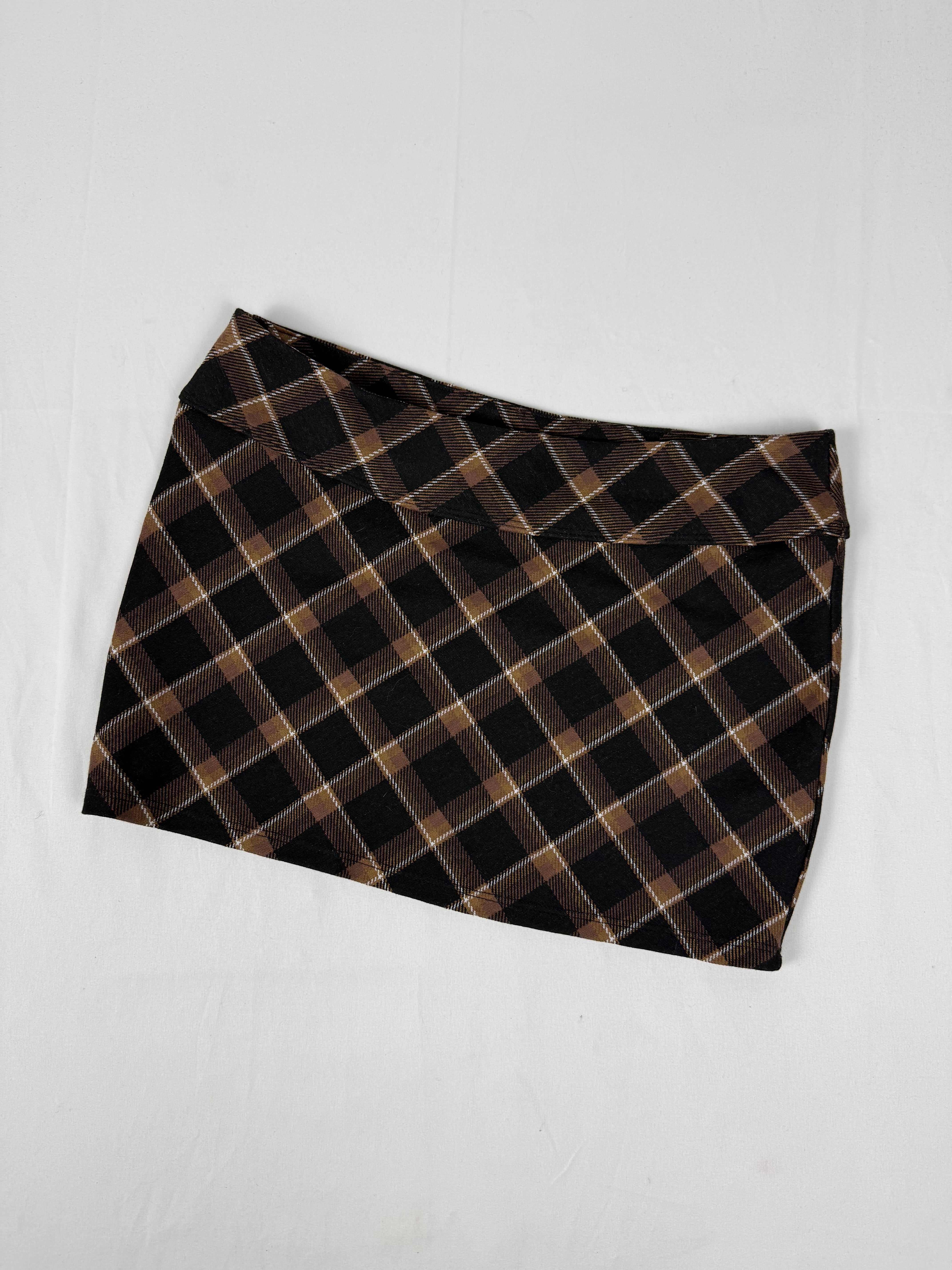 Brown check print office mini skirt (S)