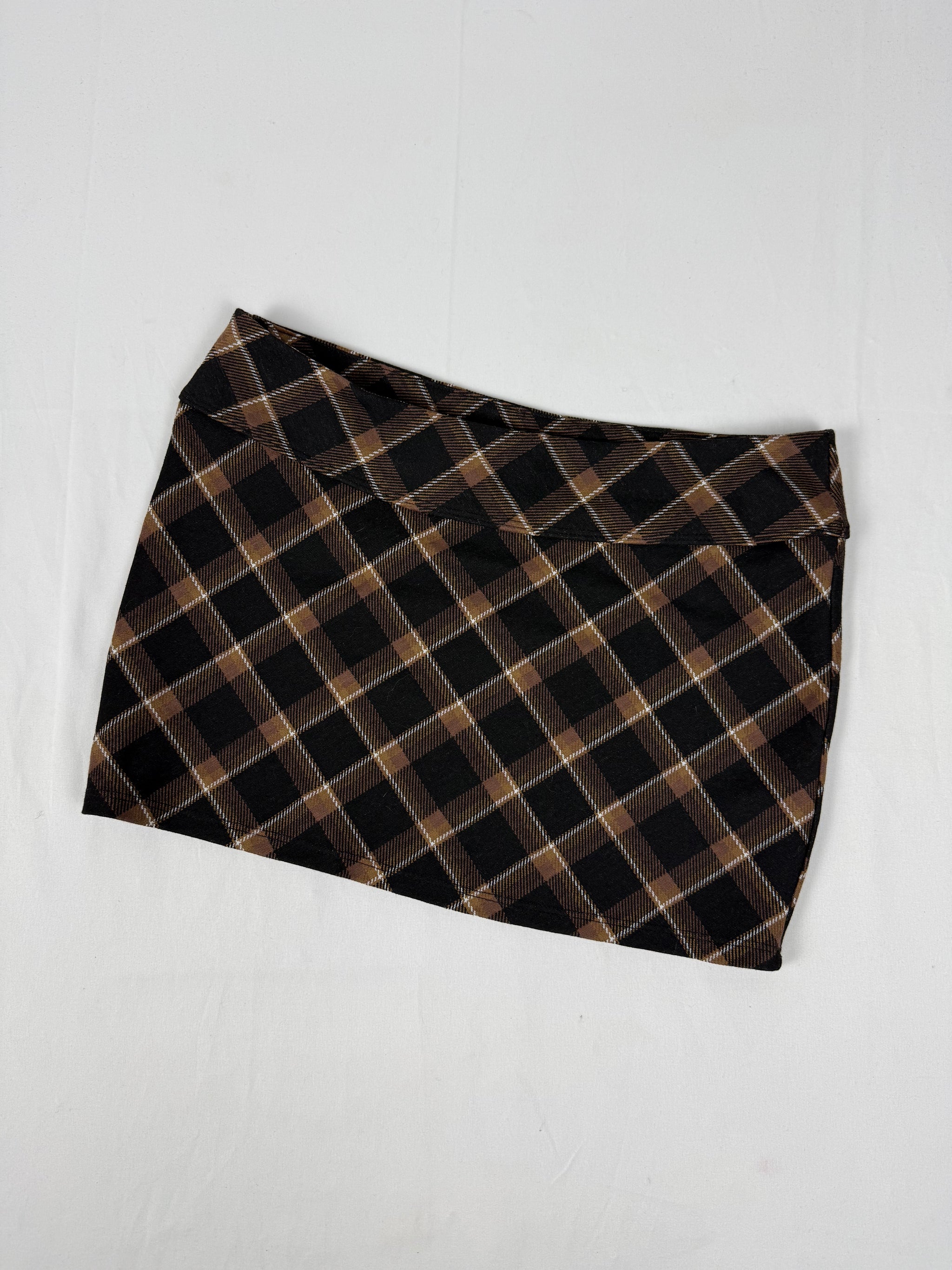 Brown check print office mini skirt (S)