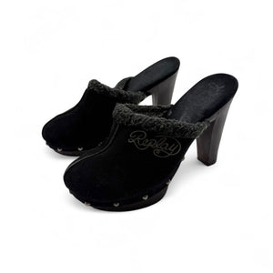 Black faux fur suede heels mules (36)