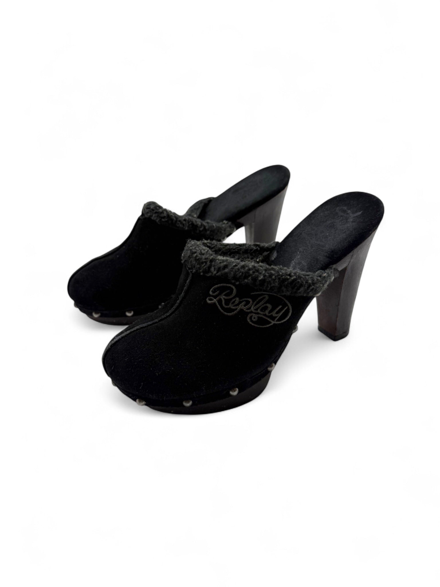 Black faux fur suede heels mules (36)