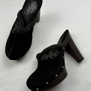 Black faux fur suede heels mules (36)