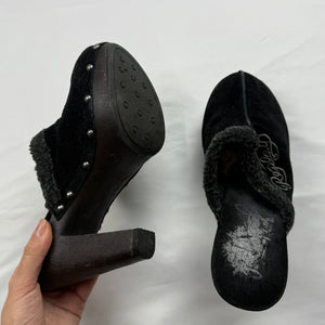 Black faux fur suede heels mules (36)