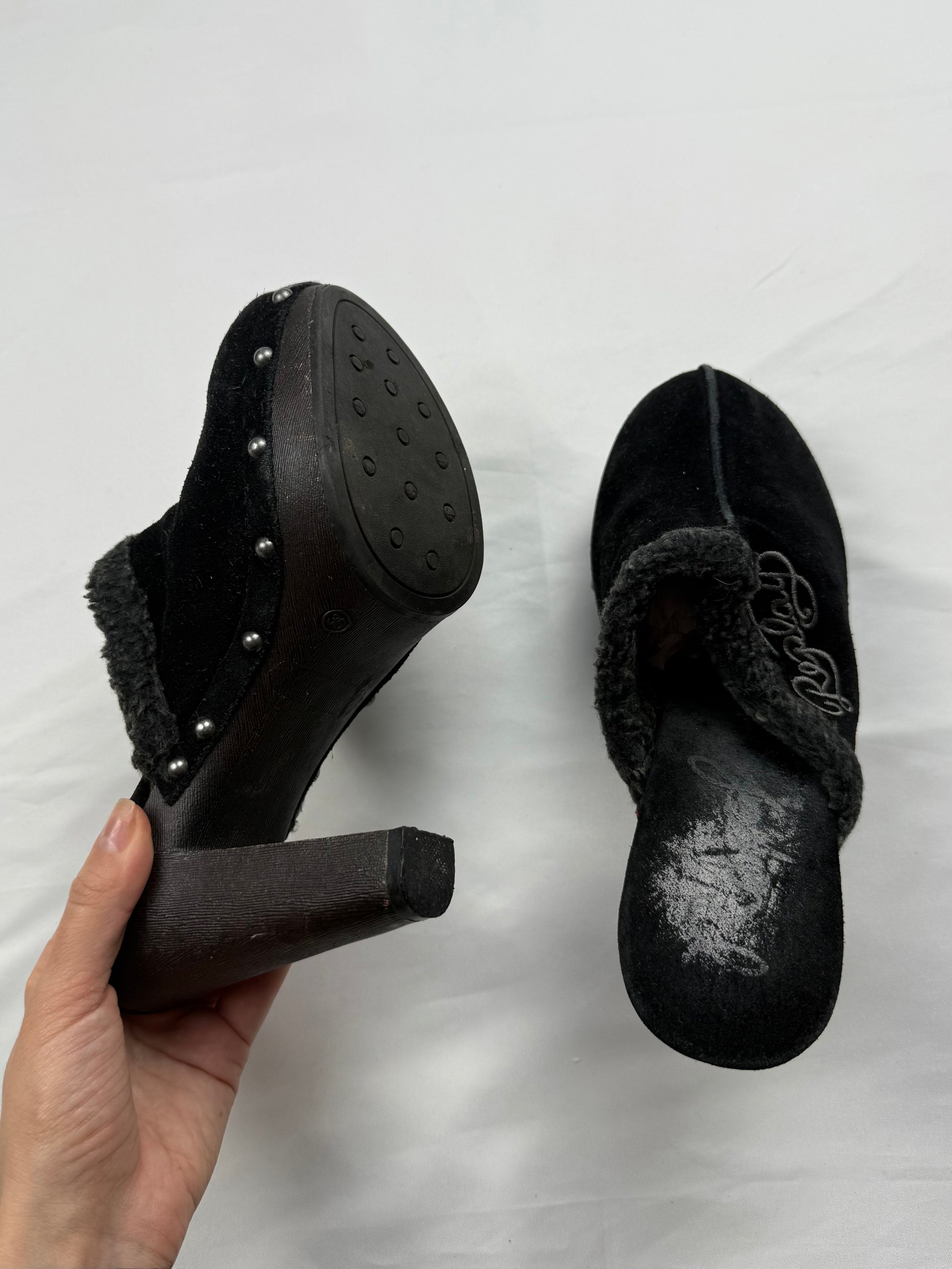 Black faux fur suede heels mules (36)