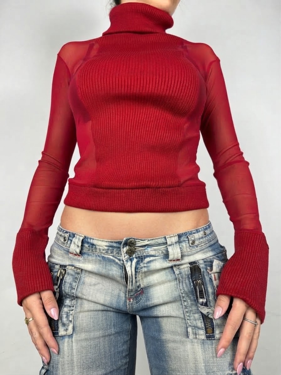 Red bi fabric mesh turtleneck jumper (M)