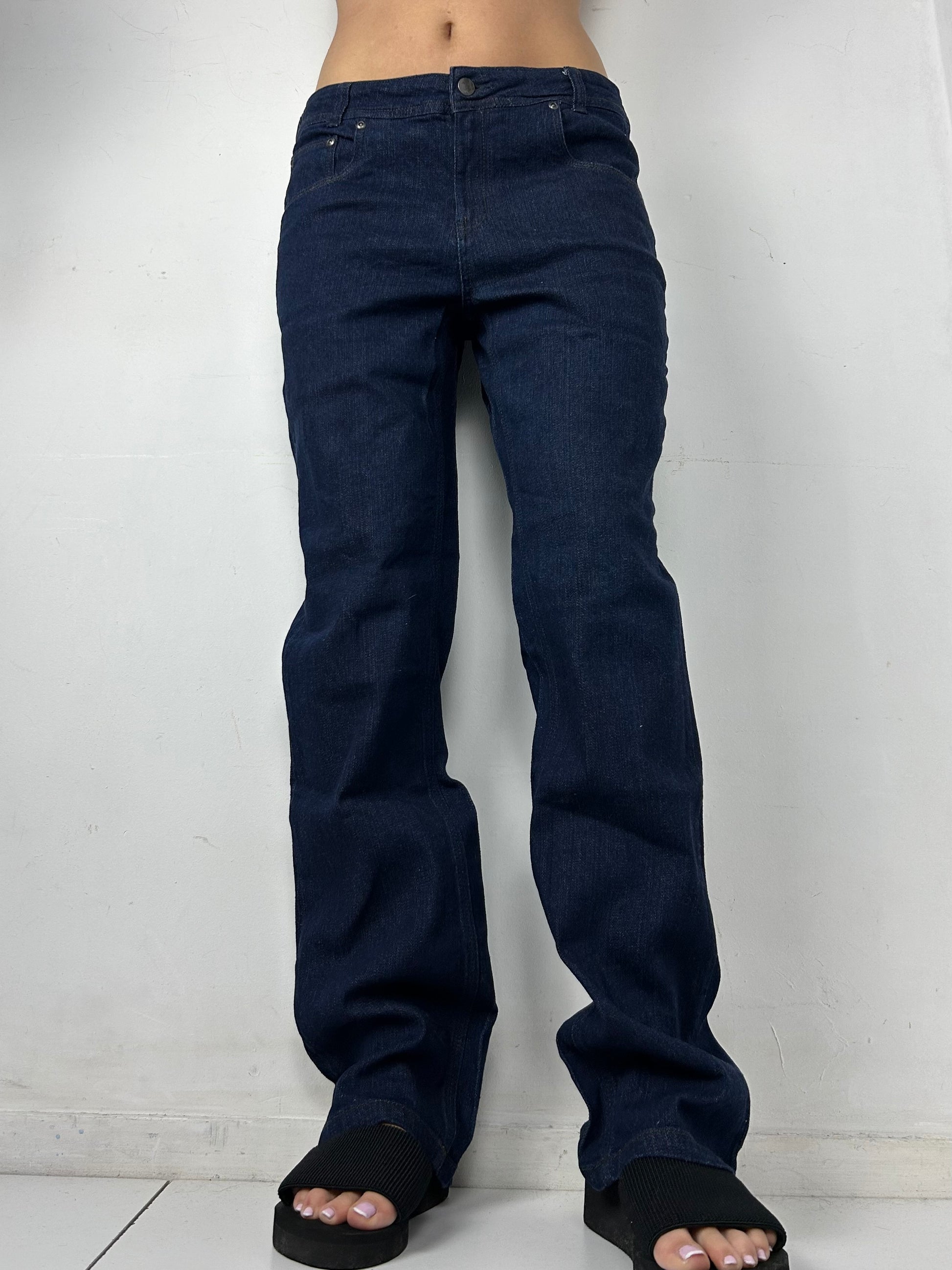 Navy blue denim low rise straight legs pants (L)